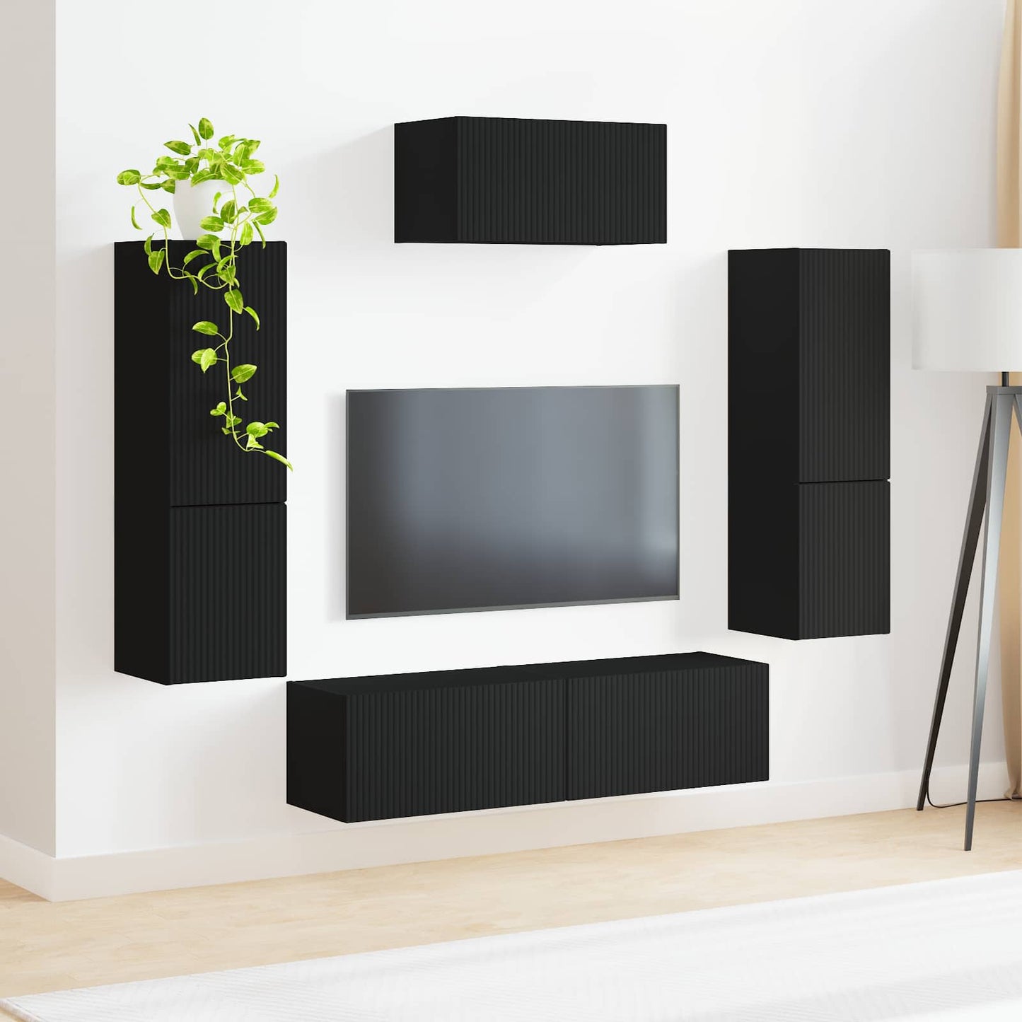 Tv-meubelset Wandgemonteerd 4 pcs Zwart Bewerkt hout is nu te koop bij PeponiXL, paradijselijk wonen!