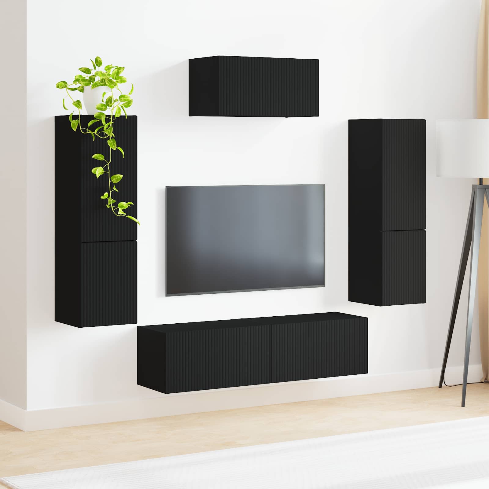 Tv-meubelset Wandgemonteerd 4 pcs Zwart Bewerkt hout is nu te koop bij PeponiXL, paradijselijk wonen!
