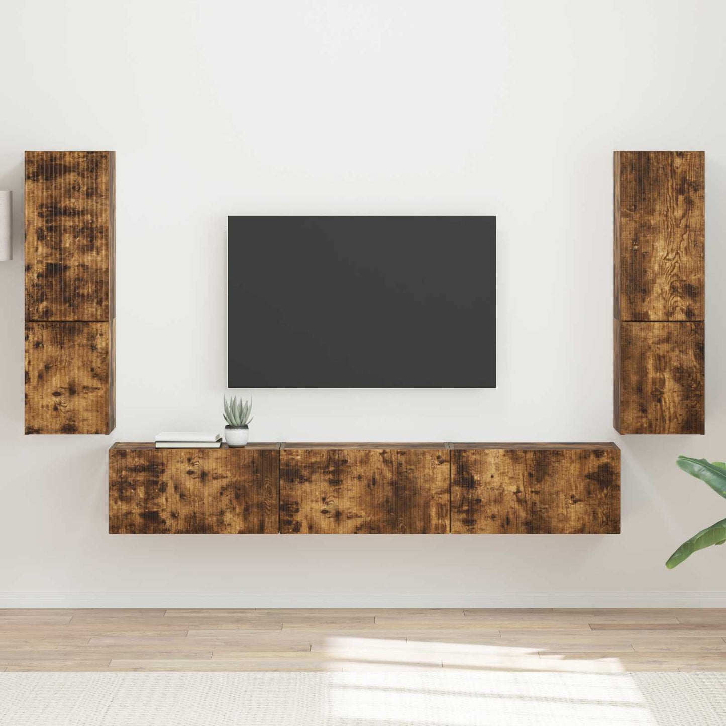 Tv-meubelset Wandgemonteerd 4 pcs Gerookt eiken Bewerkt hout is nu te koop bij PeponiXL, paradijselijk wonen!