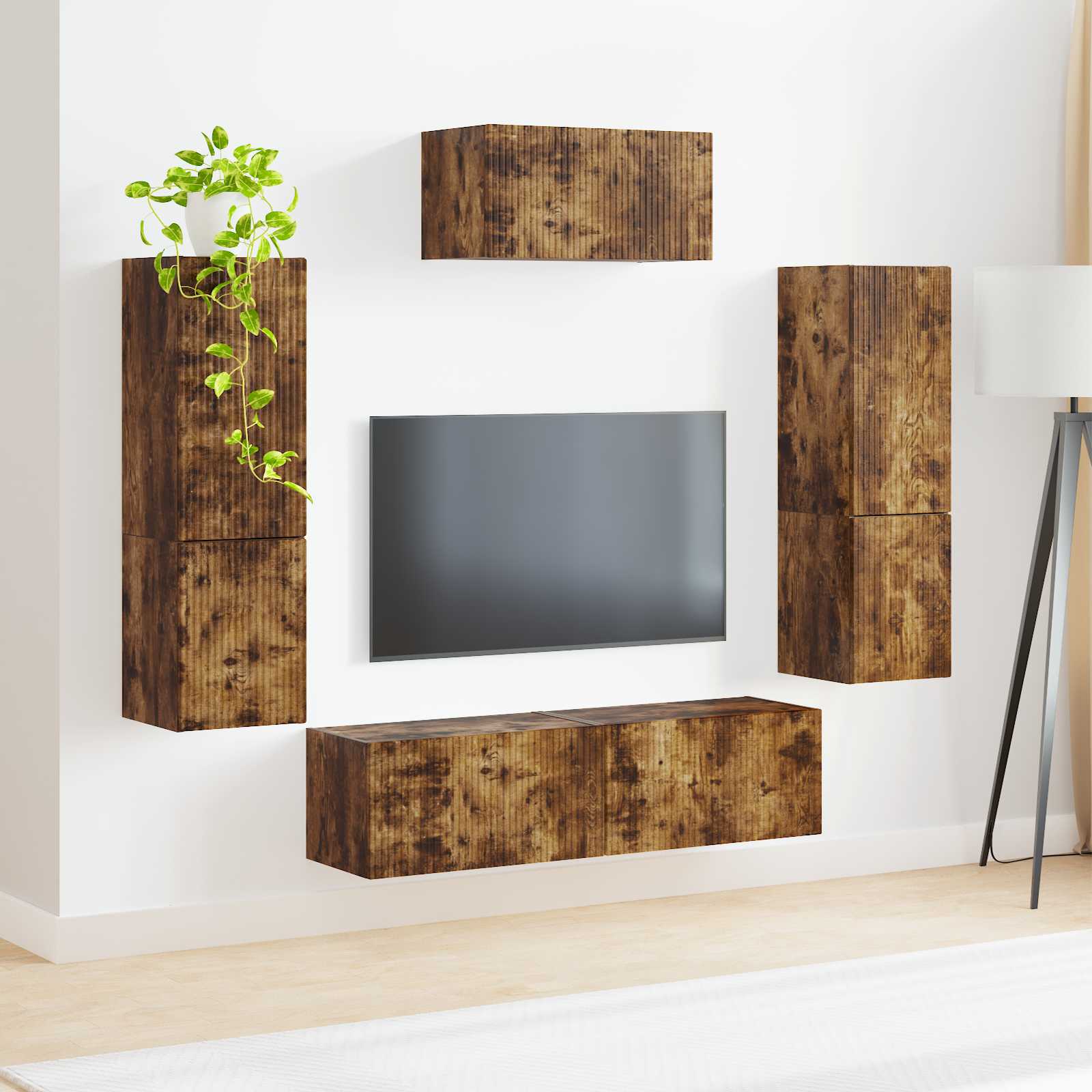 Tv-meubelset Wandgemonteerd 4 pcs Gerookt eiken Bewerkt hout is nu te koop bij PeponiXL, paradijselijk wonen!