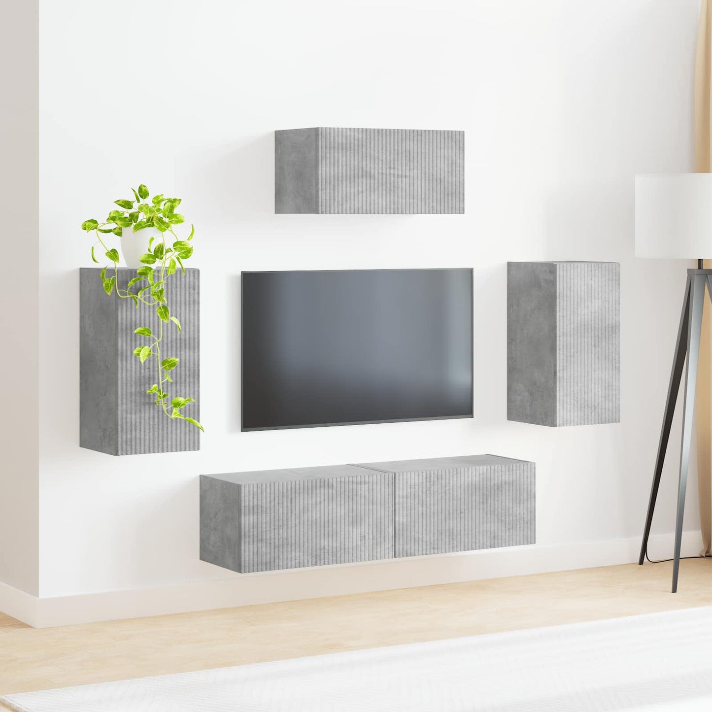 Tv-meubelset Wandgemonteerd 5 pcs Beton Grijs Bewerkt hout is nu te koop bij PeponiXL, paradijselijk wonen!
