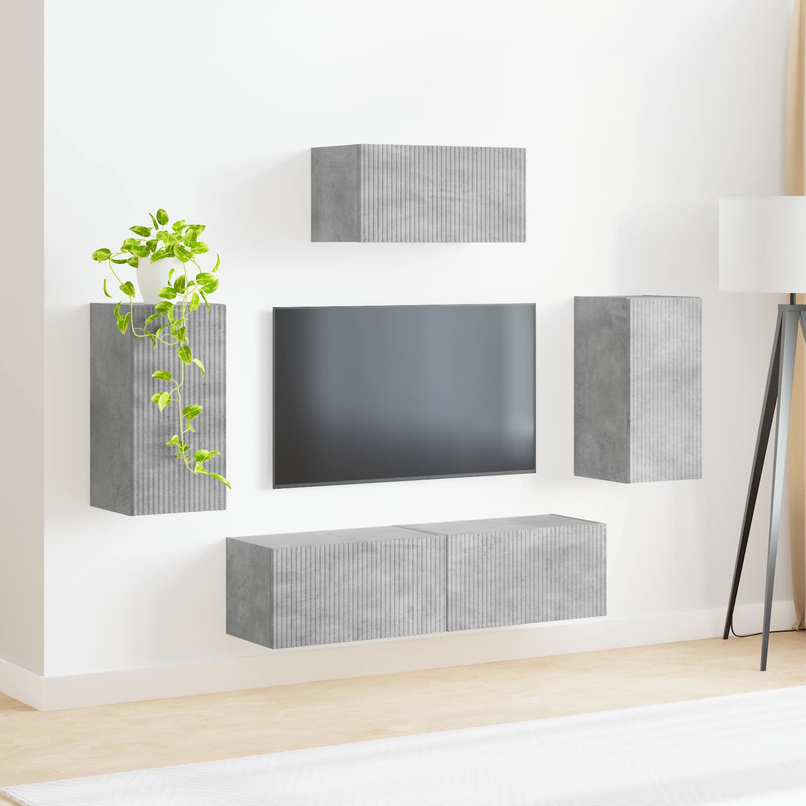 Tv-meubelset Wandgemonteerd 5 pcs Beton Grijs Bewerkt hout is nu te koop bij PeponiXL, paradijselijk wonen!