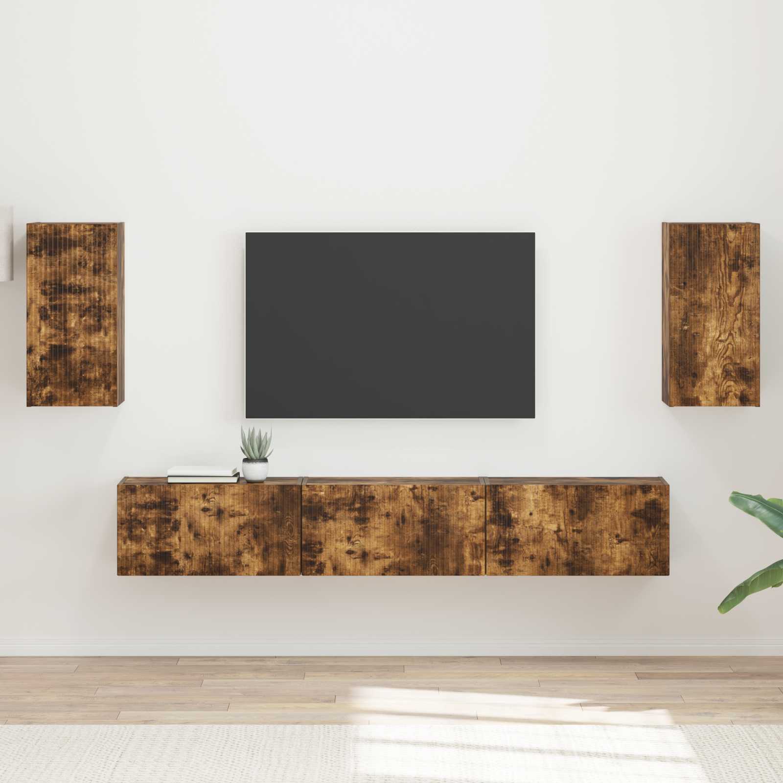 Tv-meubelset Wandgemonteerd 5 pcs Gerookt eiken Bewerkt hout is nu te koop bij PeponiXL, paradijselijk wonen!