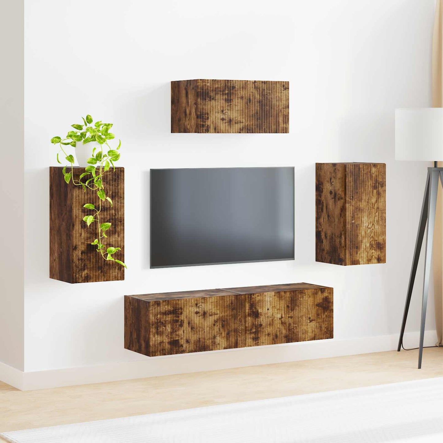 Tv-meubelset Wandgemonteerd 5 pcs Gerookt eiken Bewerkt hout is nu te koop bij PeponiXL, paradijselijk wonen!