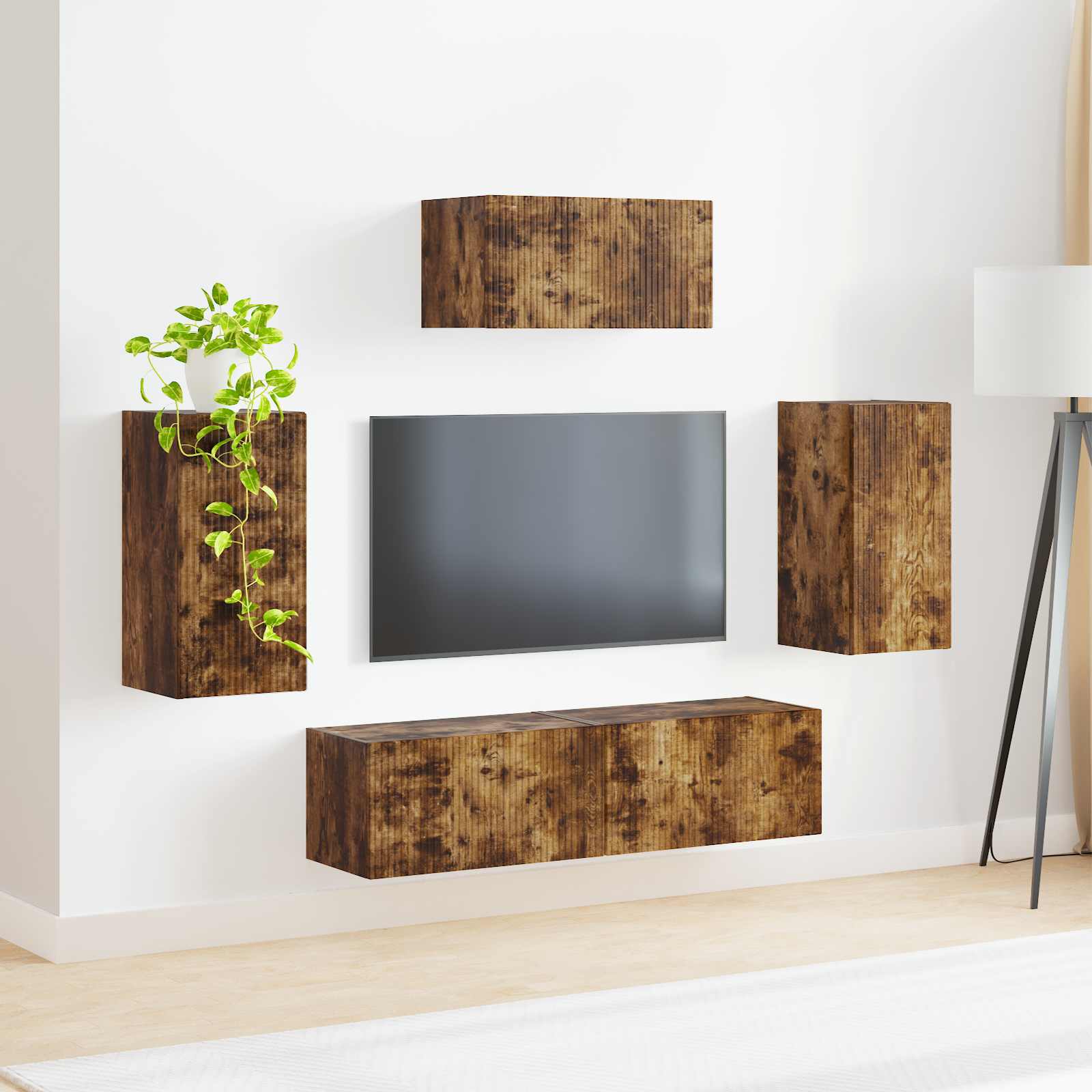 Tv-meubelset Wandgemonteerd 5 pcs Gerookt eiken Bewerkt hout is nu te koop bij PeponiXL, paradijselijk wonen!