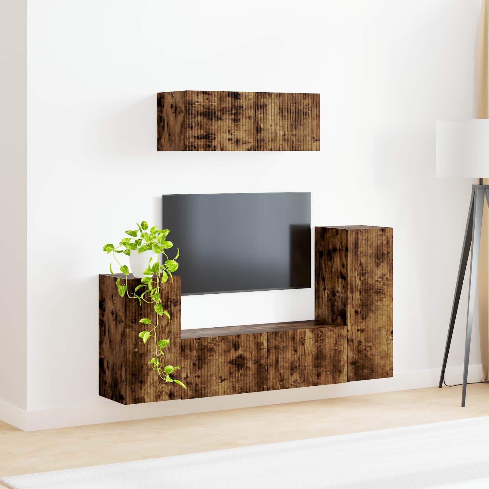 Tv-meubelset 4 pcs Gerookt eiken Bewerkt hout is nu te koop bij PeponiXL, paradijselijk wonen!