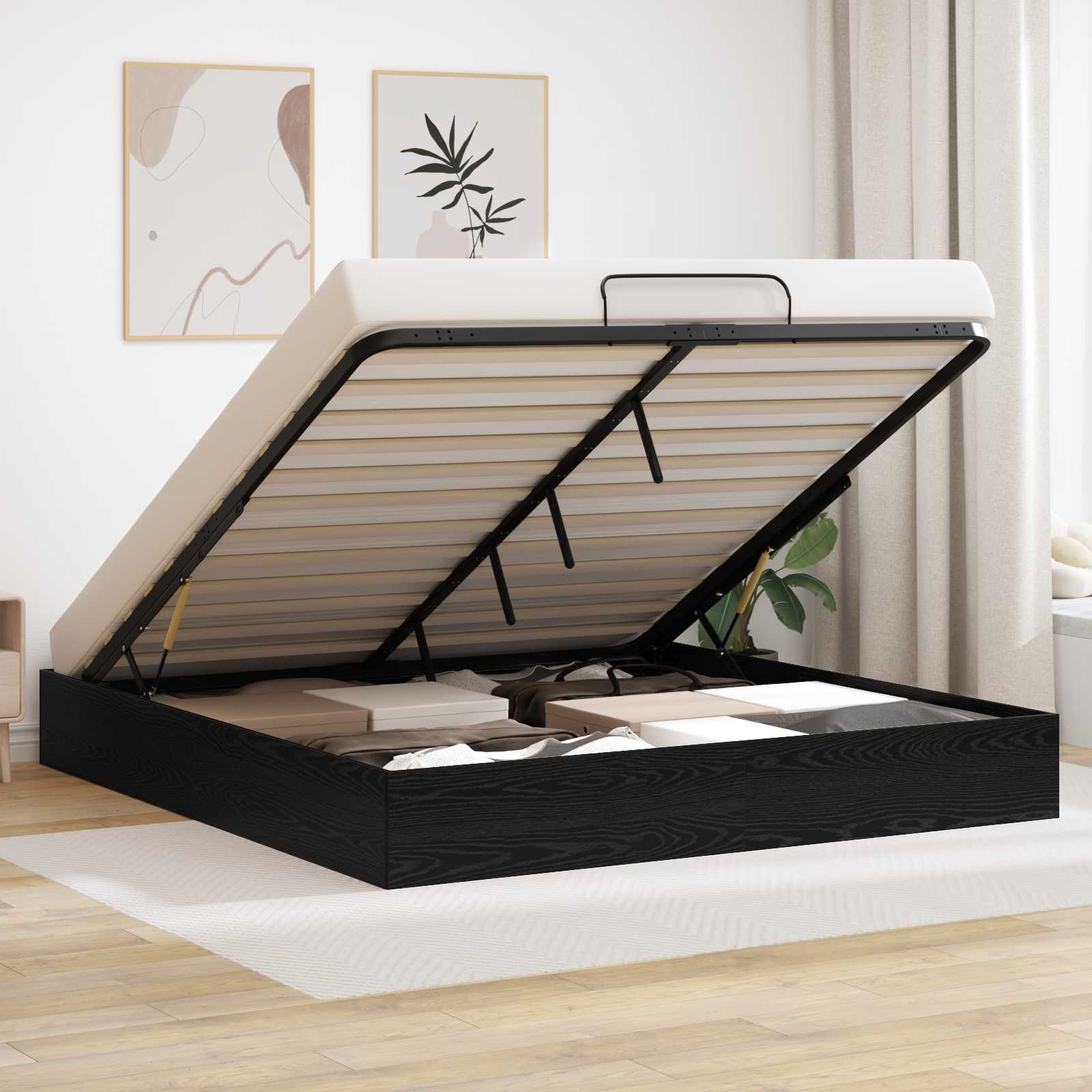 Ottoman Bedframe met opslag Zwarte Eik 203 x 160 x 25 cm is nu te koop bij PeponiXL, paradijselijk wonen!