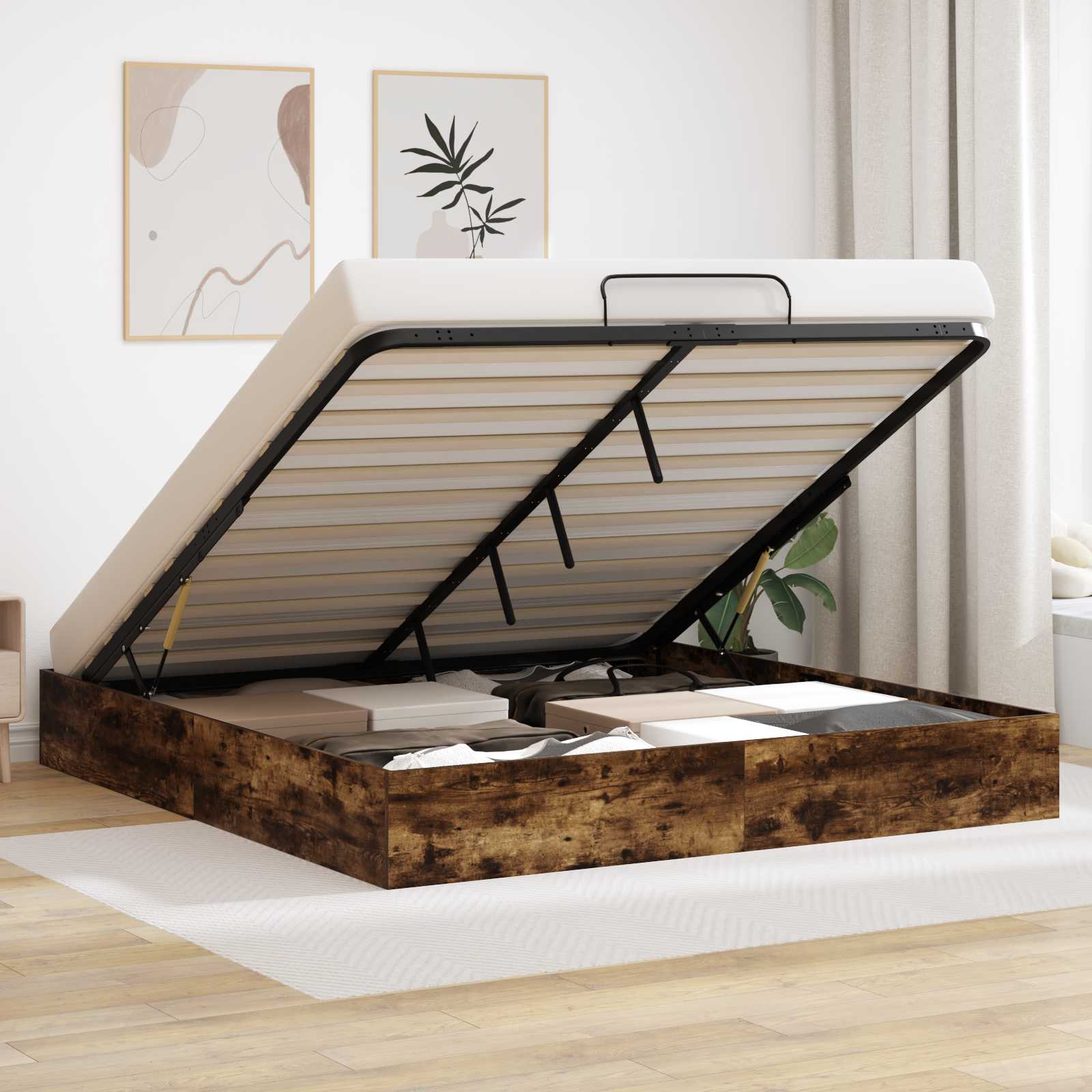 Ottoman Bedframe met opslag Gerookte Eik 203 x 160 x 25 cm is nu te koop bij PeponiXL, paradijselijk wonen!