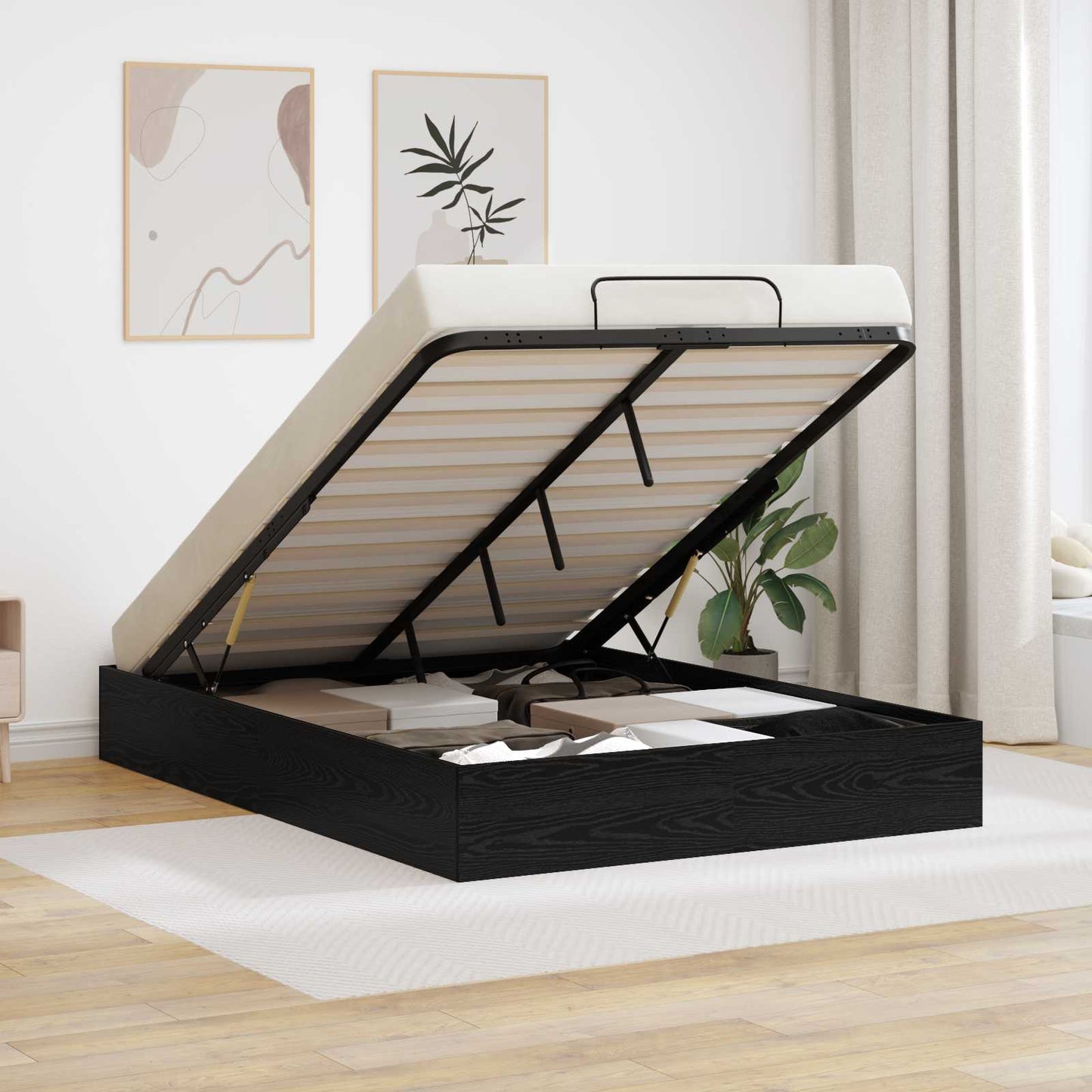 Ottoman Bedframe met opslag Zwarte Eik 203 x 140 x 25 cm is nu te koop bij PeponiXL, paradijselijk wonen!
