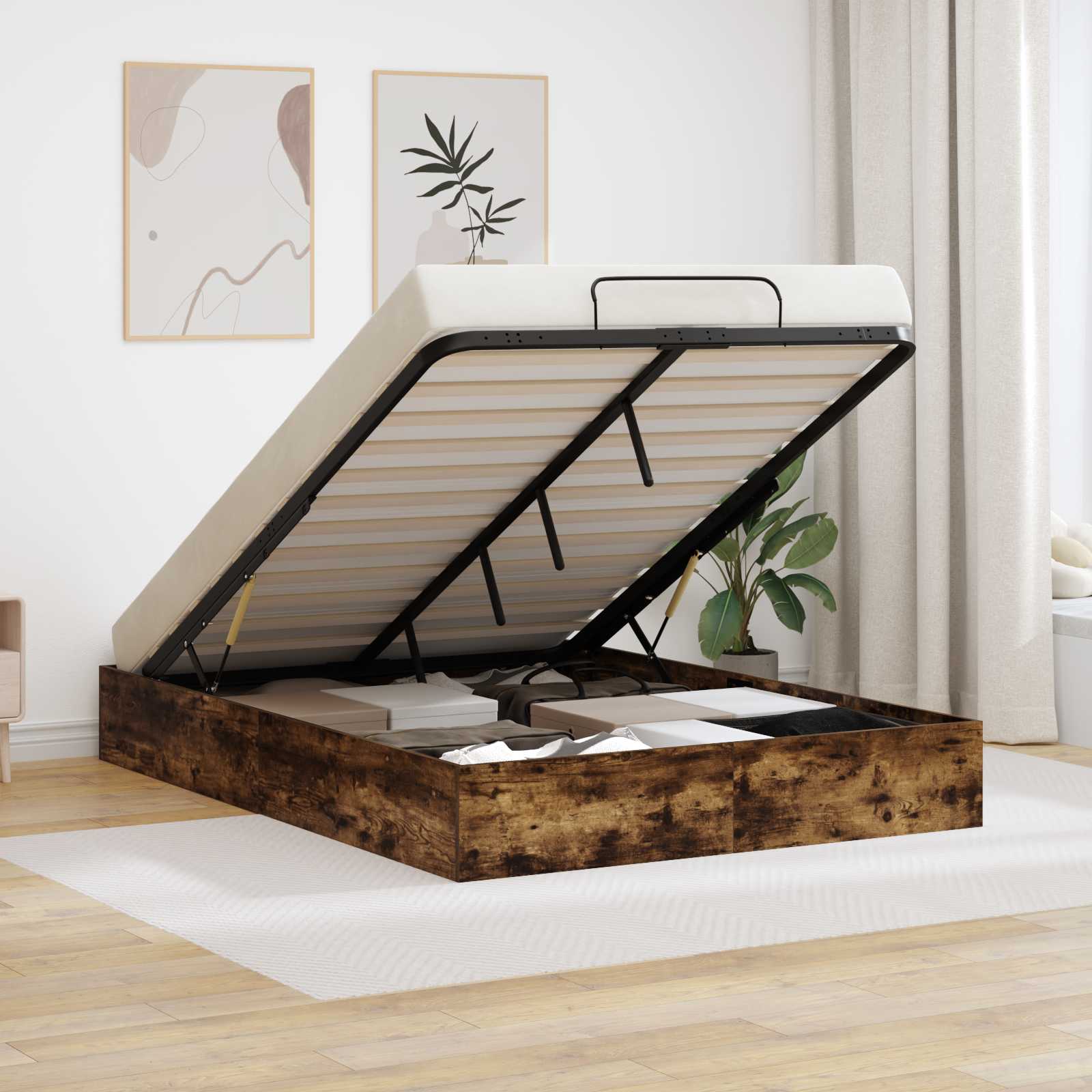 Ottoman Bedframe met opslag Gerookte Eik 203 x 120 x 25 cm is nu te koop bij PeponiXL, paradijselijk wonen!