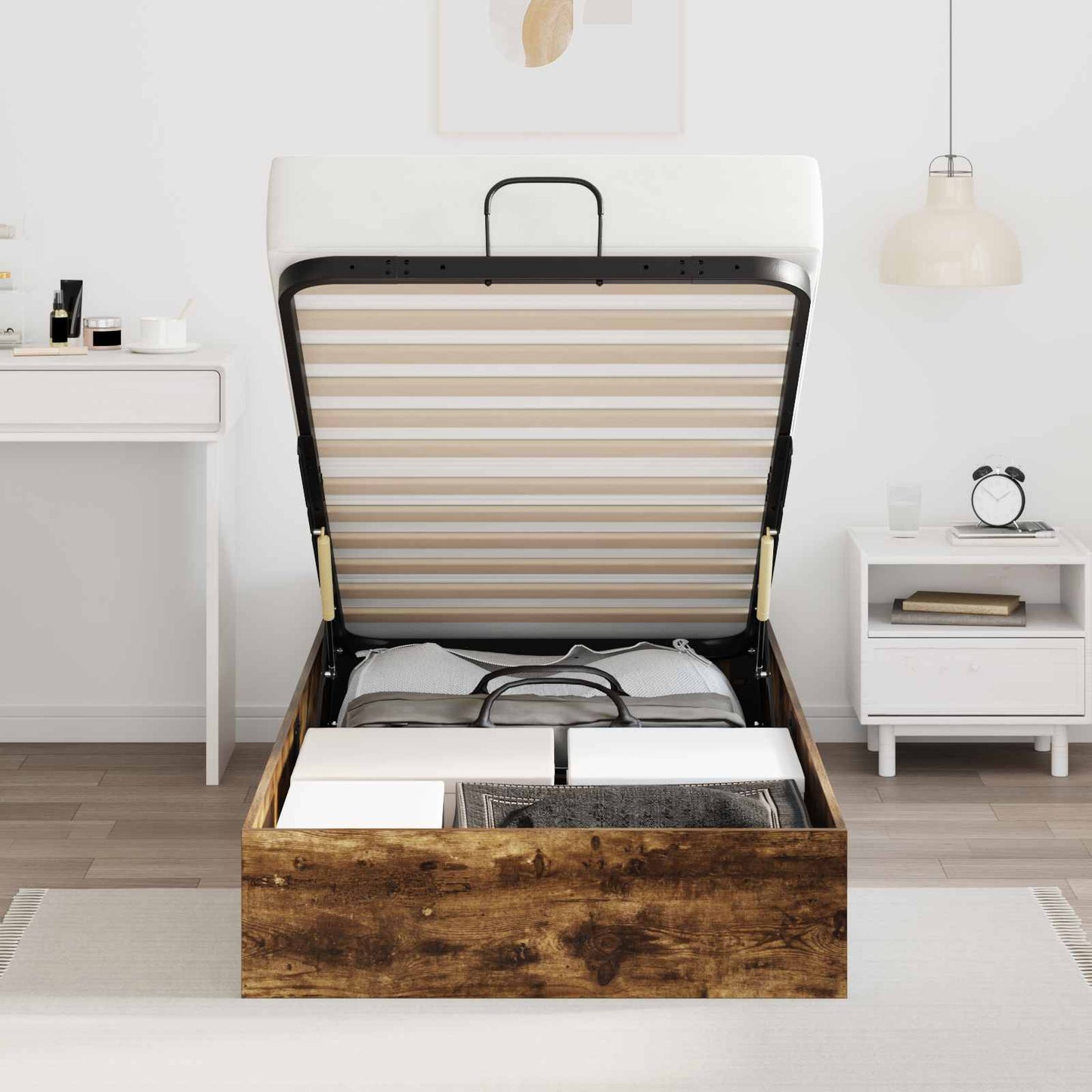 Ottoman Bedframe met opslag Gerookte Eik 203 x 90 x 25 cm is nu te koop bij PeponiXL, paradijselijk wonen!