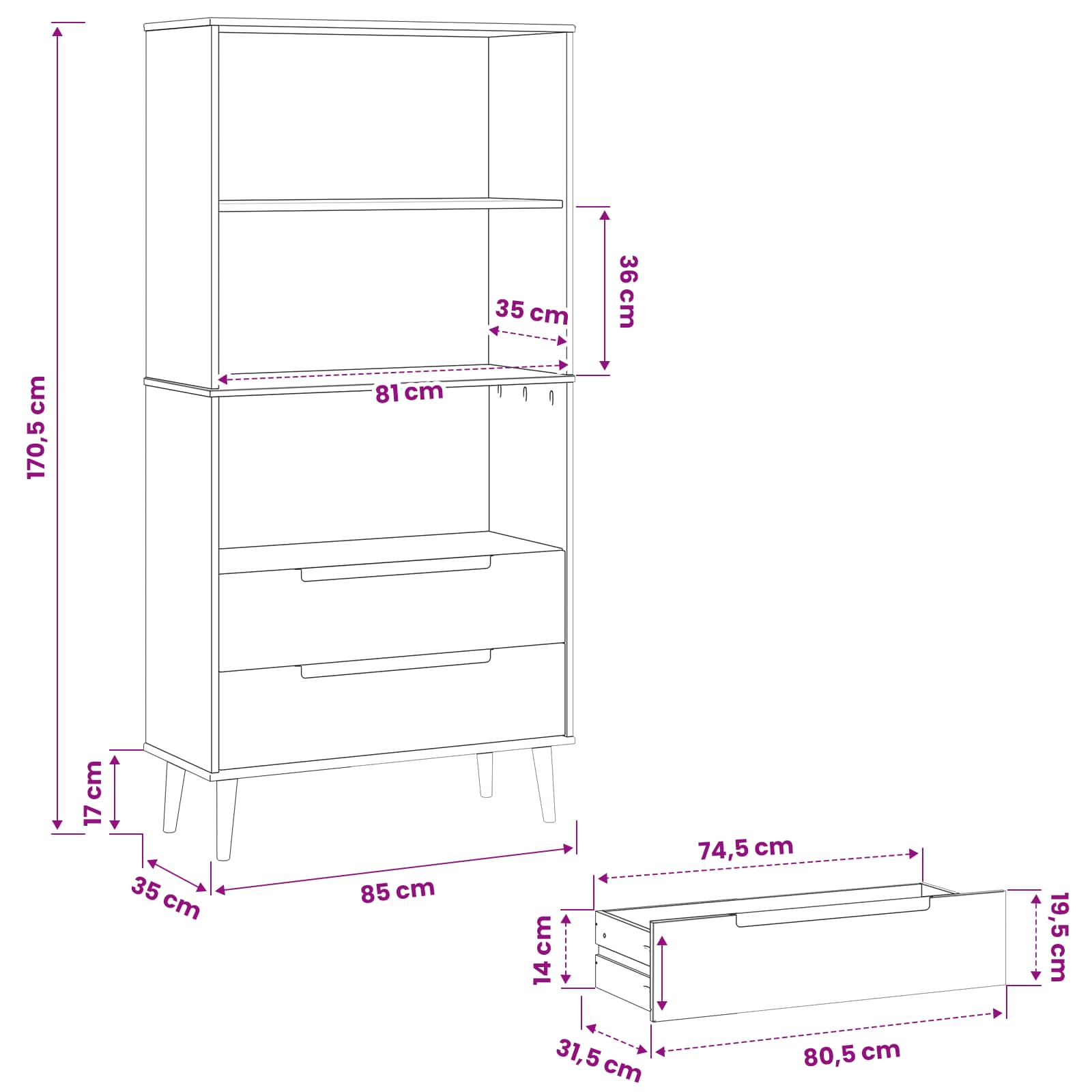 Boekenkast MOLDE 85 x 35 x 170,5 cm Massief grenenhout Caramel is nu te koop bij PeponiXL, paradijselijk wonen!