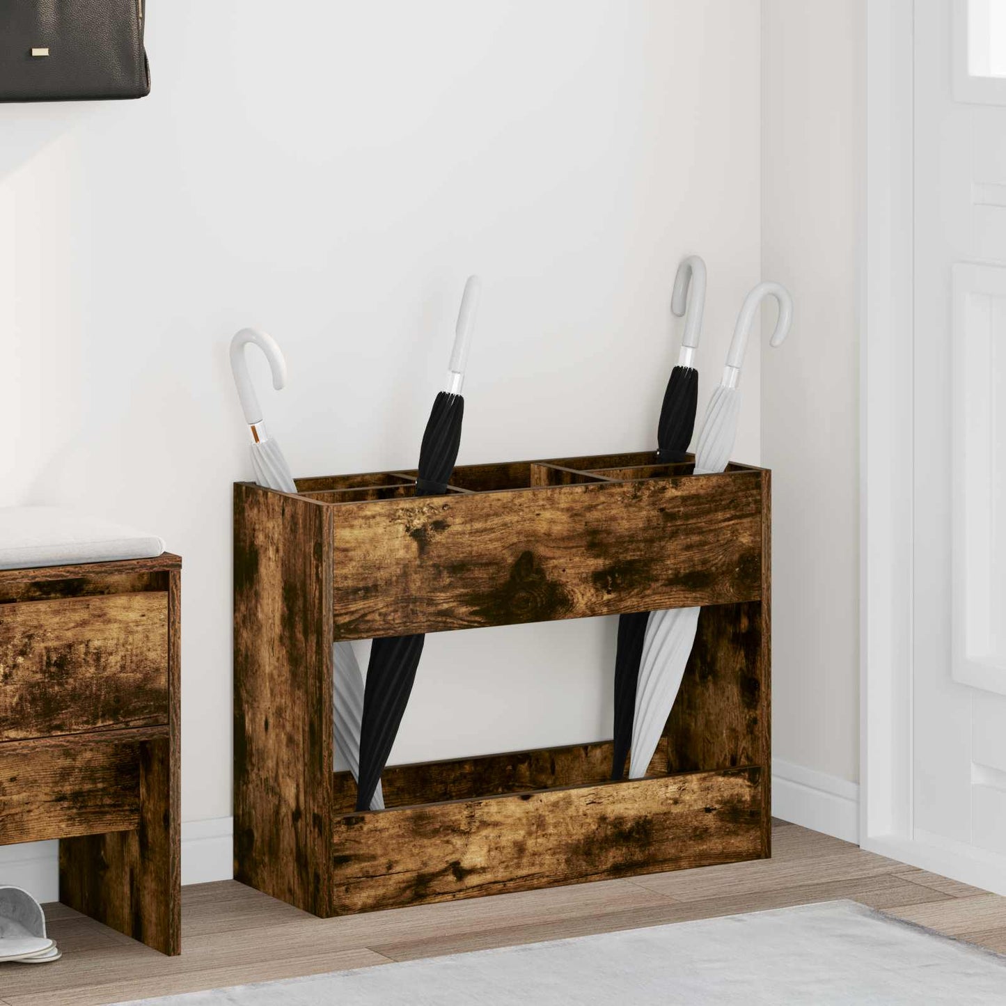 Paraplu Standaard Gerookt eiken 65 x 24 x 50 cm Bewerkt hout is nu te koop bij PeponiXL, paradijselijk wonen!