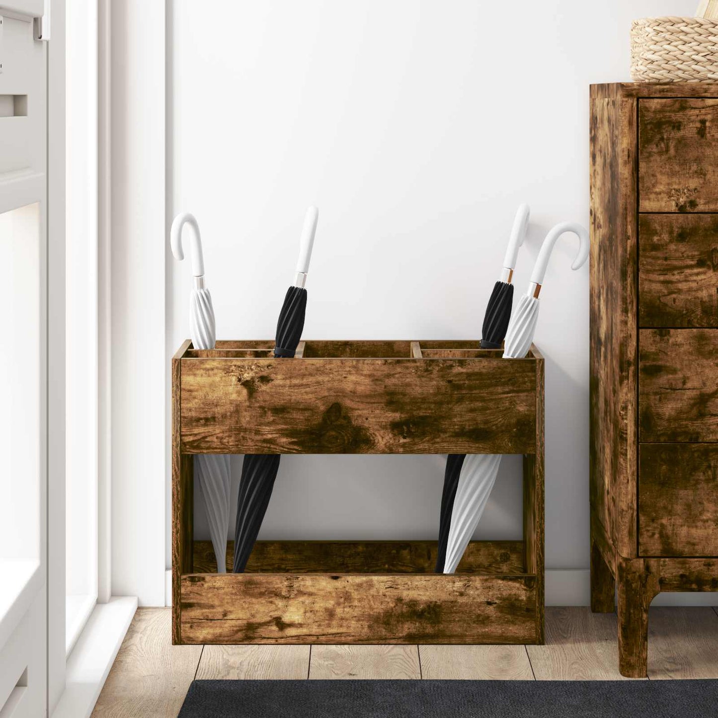 Paraplu Standaard Gerookt eiken 65 x 24 x 50 cm Bewerkt hout is nu te koop bij PeponiXL, paradijselijk wonen!