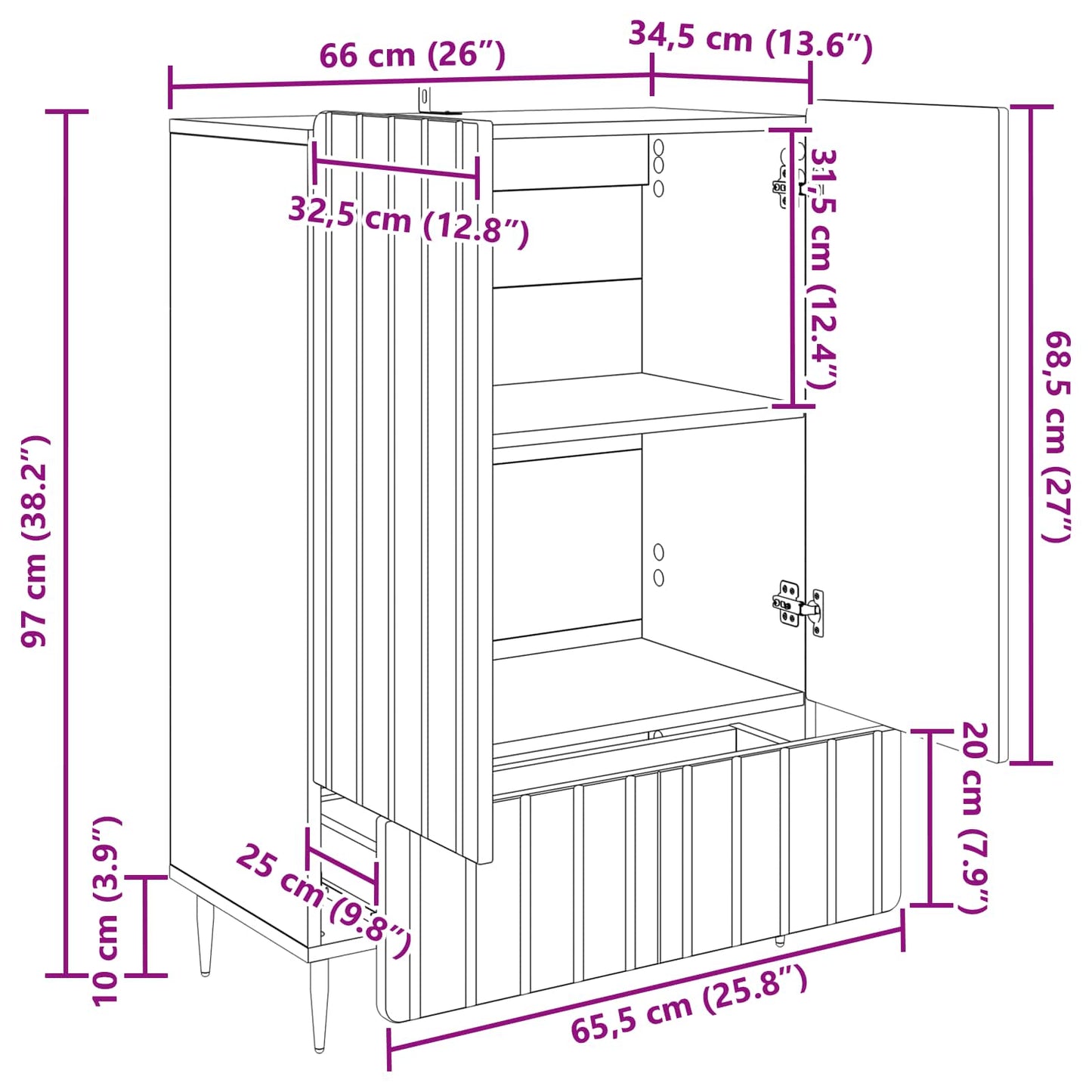 Dressoir met lade Hoogglans Wit 66 x 34,5 x 97 cm Bewerkt hout is nu te koop bij PeponiXL, paradijselijk wonen!