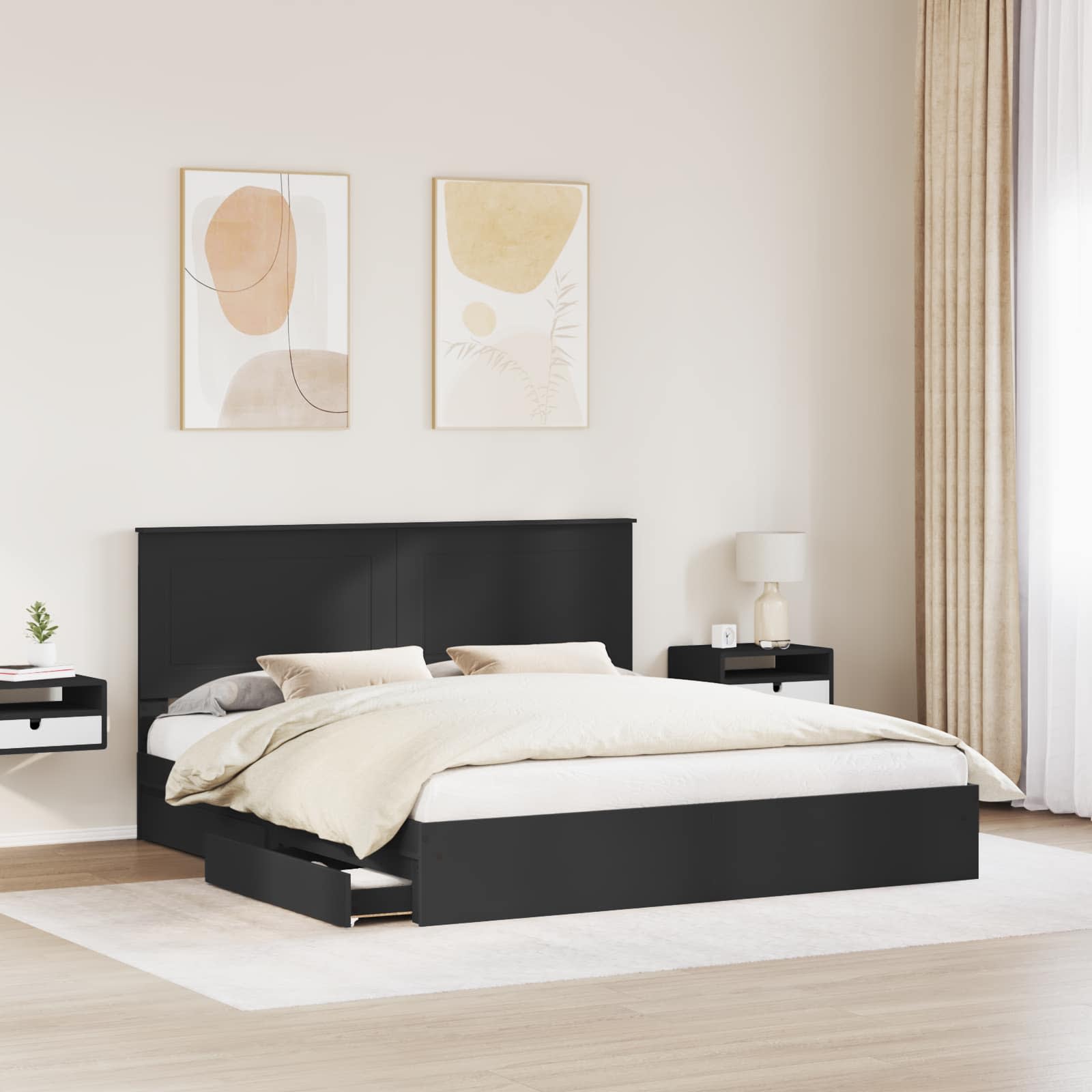 Opslag bed met hoofdeinde Zwart 200 x 200 cm Bewerkt hout is nu te koop bij PeponiXL, paradijselijk wonen!