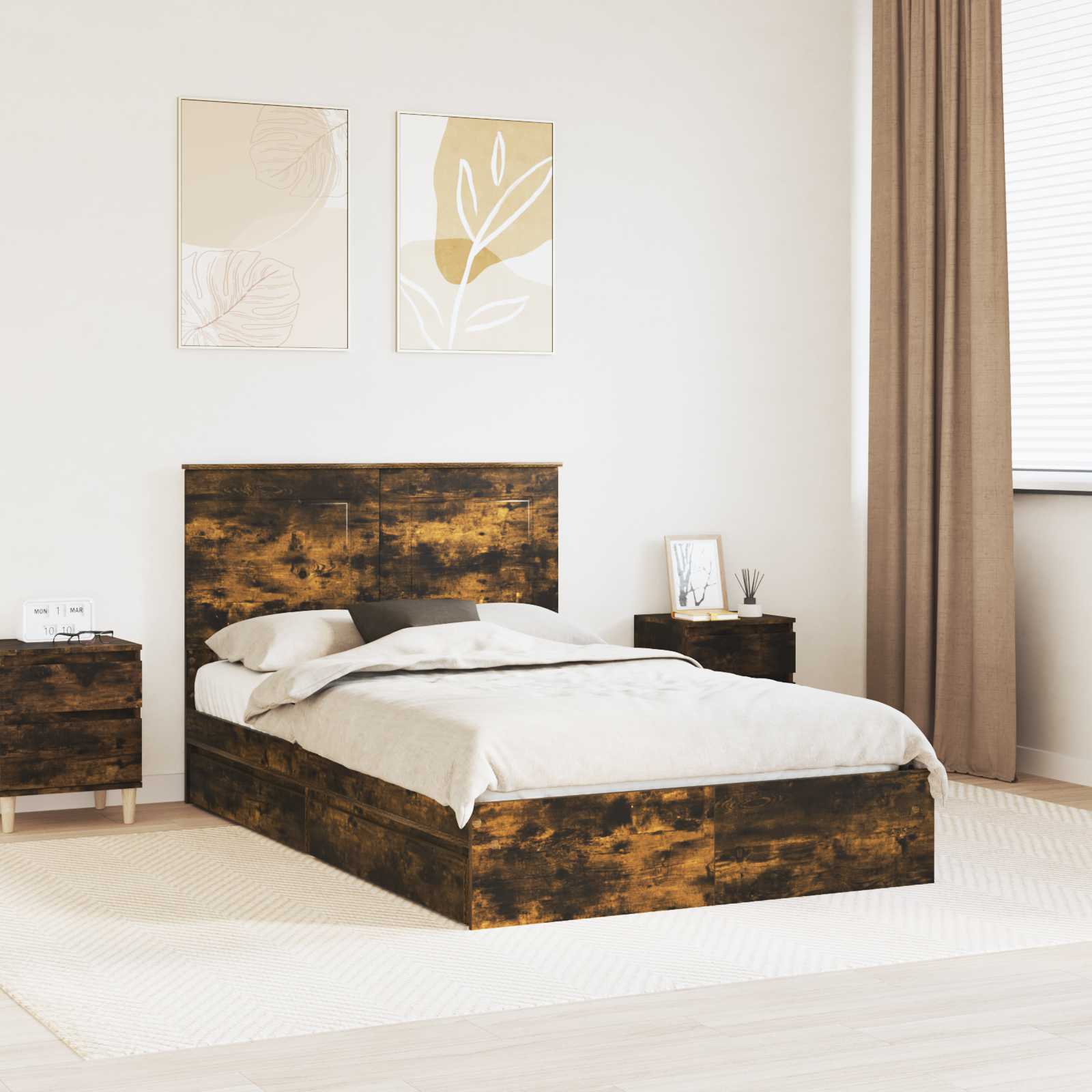 Opslag bed met lade Gerookt eiken 135 x 190 cm Bewerkt hout is nu te koop bij PeponiXL, paradijselijk wonen!