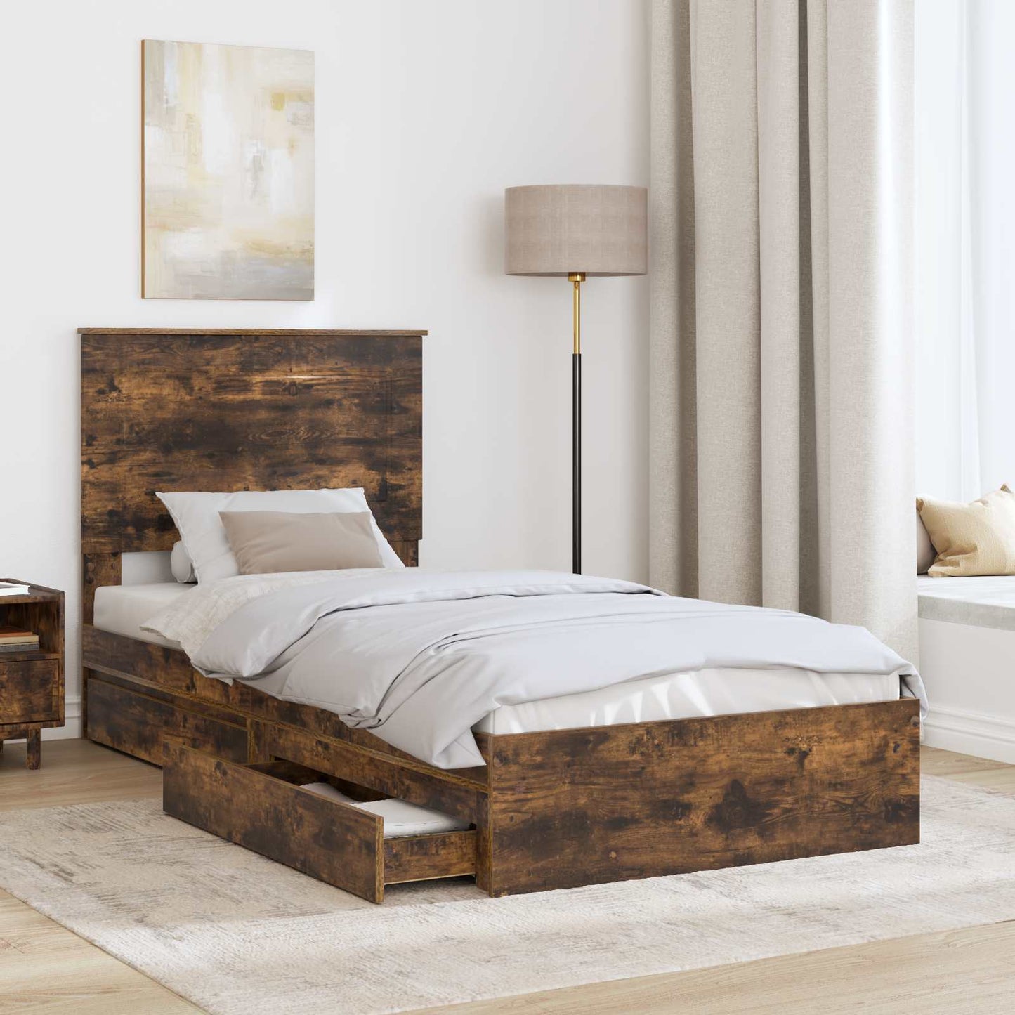 Opslag bed met lade Gerookt eiken 90 x 190 cm Bewerkt hout is nu te koop bij PeponiXL, paradijselijk wonen!
