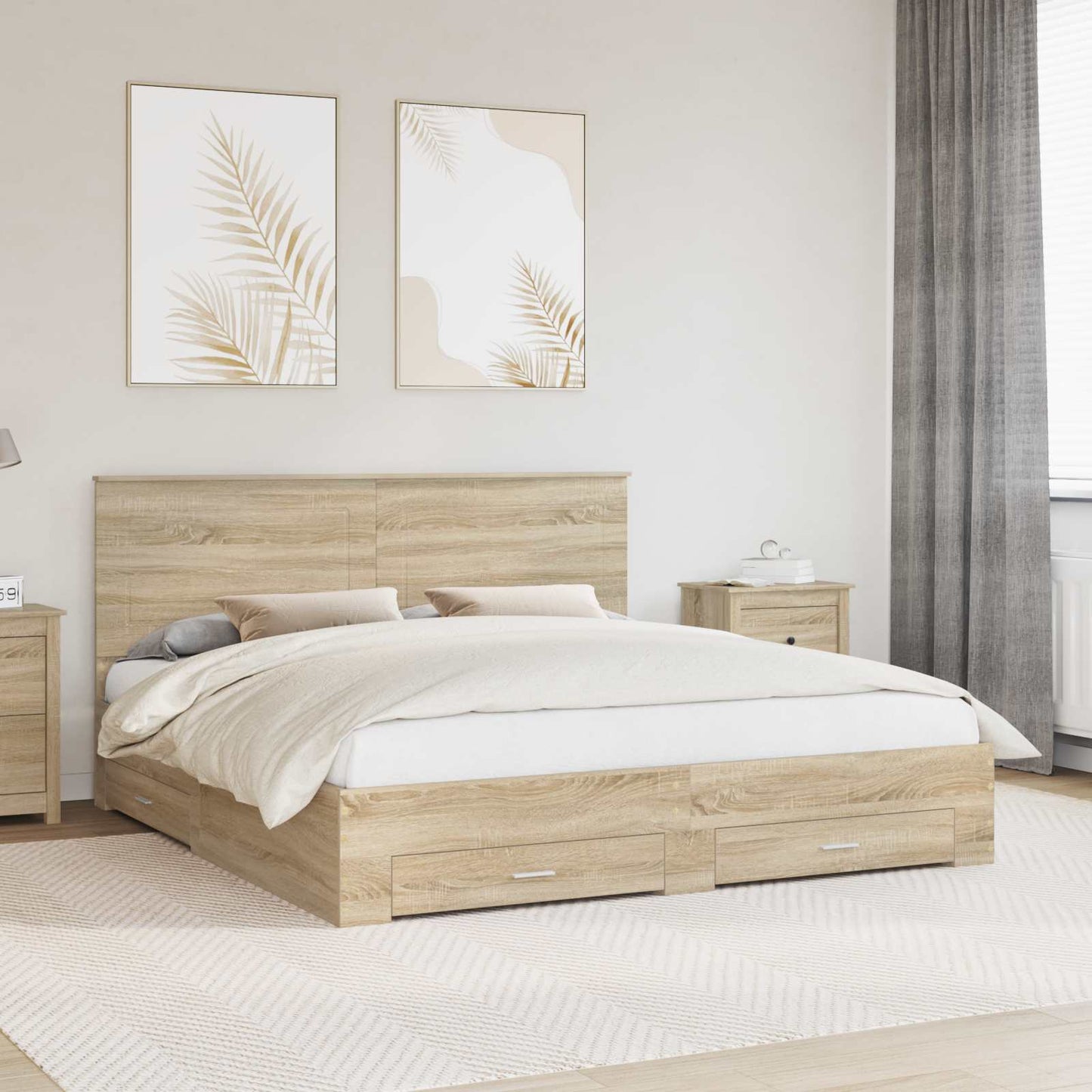 Bedframe met hoofdeinde Sonoma Eiken 200 x 200 cm Bewerkt hout is nu te koop bij PeponiXL, paradijselijk wonen!