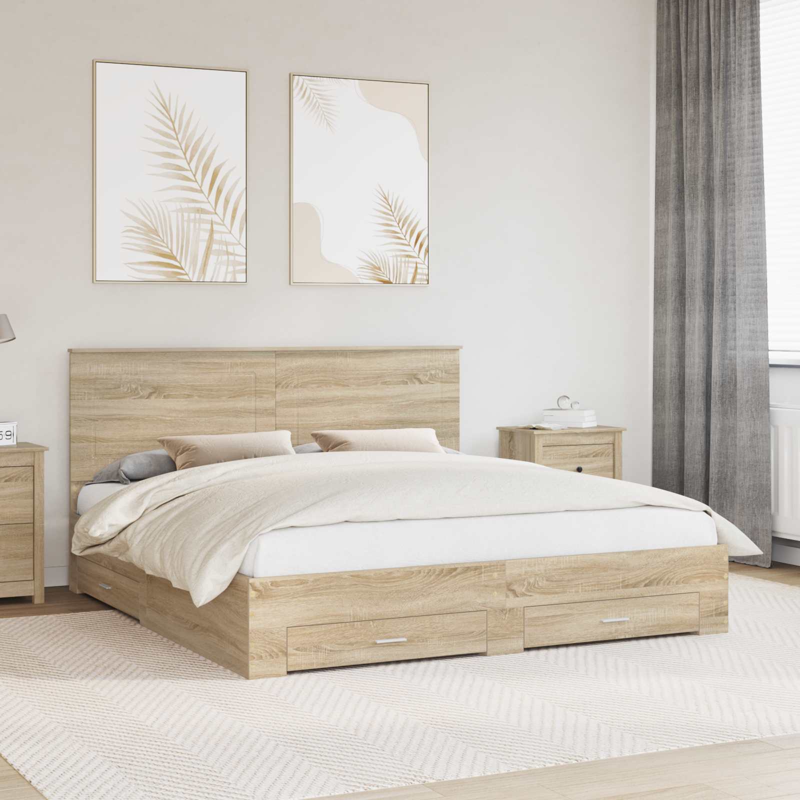 Bedframe met hoofdeinde Sonoma Eiken 200 x 200 cm Bewerkt hout is nu te koop bij PeponiXL, paradijselijk wonen!