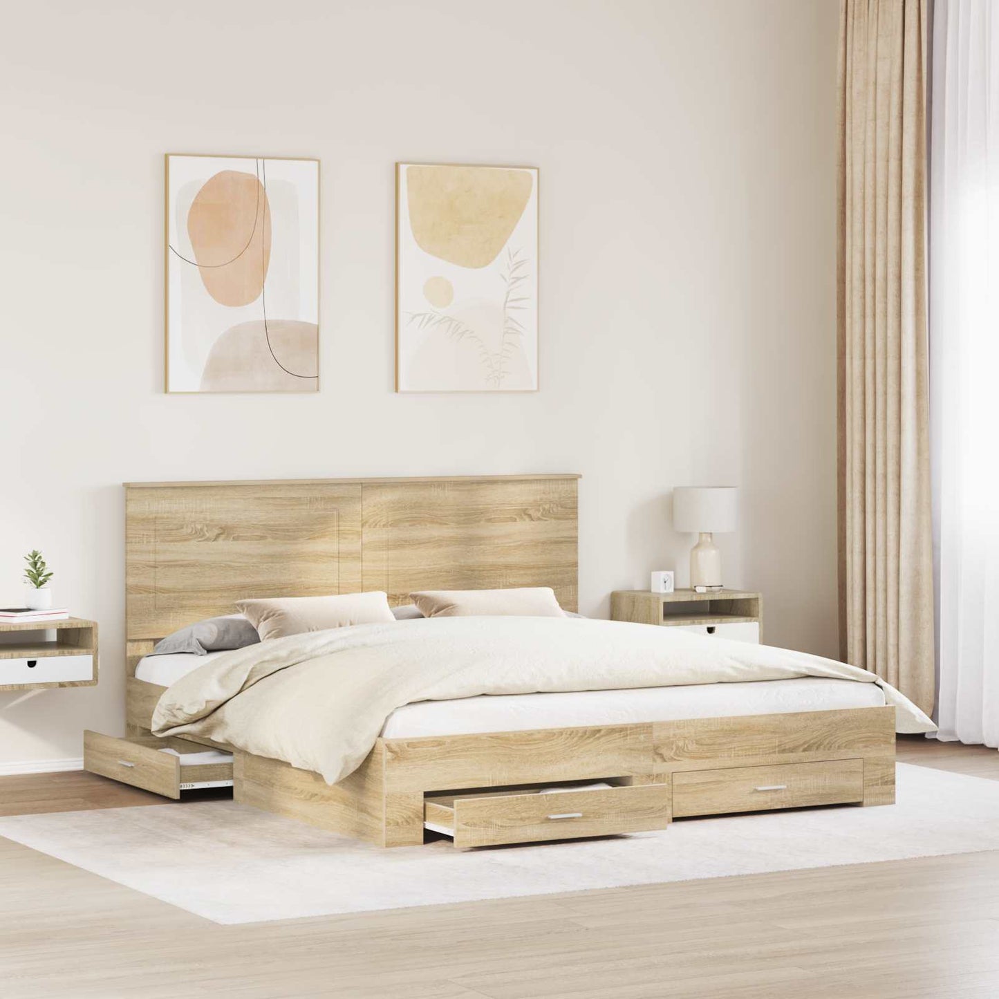 Bedframe met hoofdeinde Sonoma Eiken 200 x 200 cm Bewerkt hout is nu te koop bij PeponiXL, paradijselijk wonen!