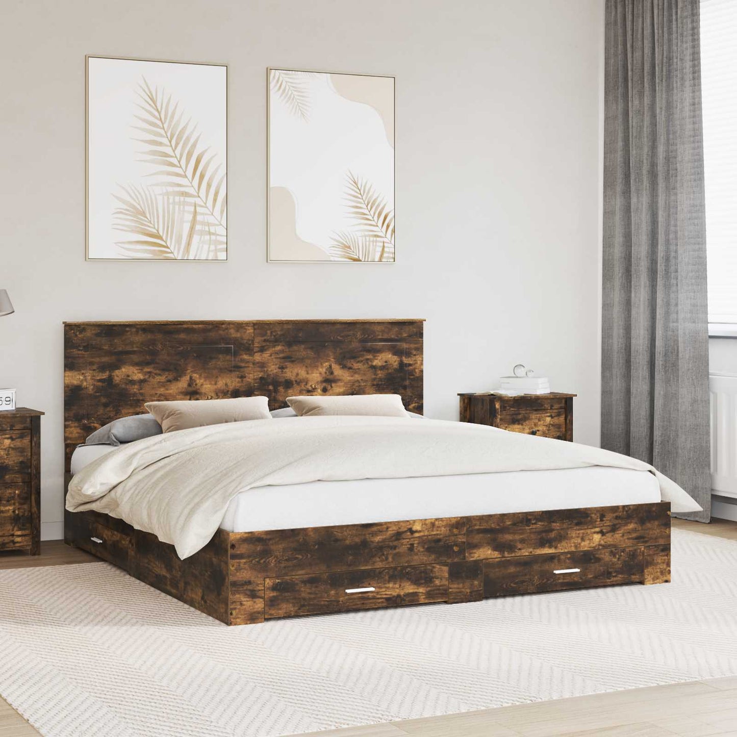 Bedframe met hoofdeinde Gerookt eiken 200 x 200 cm Bewerkt hout is nu te koop bij PeponiXL, paradijselijk wonen!