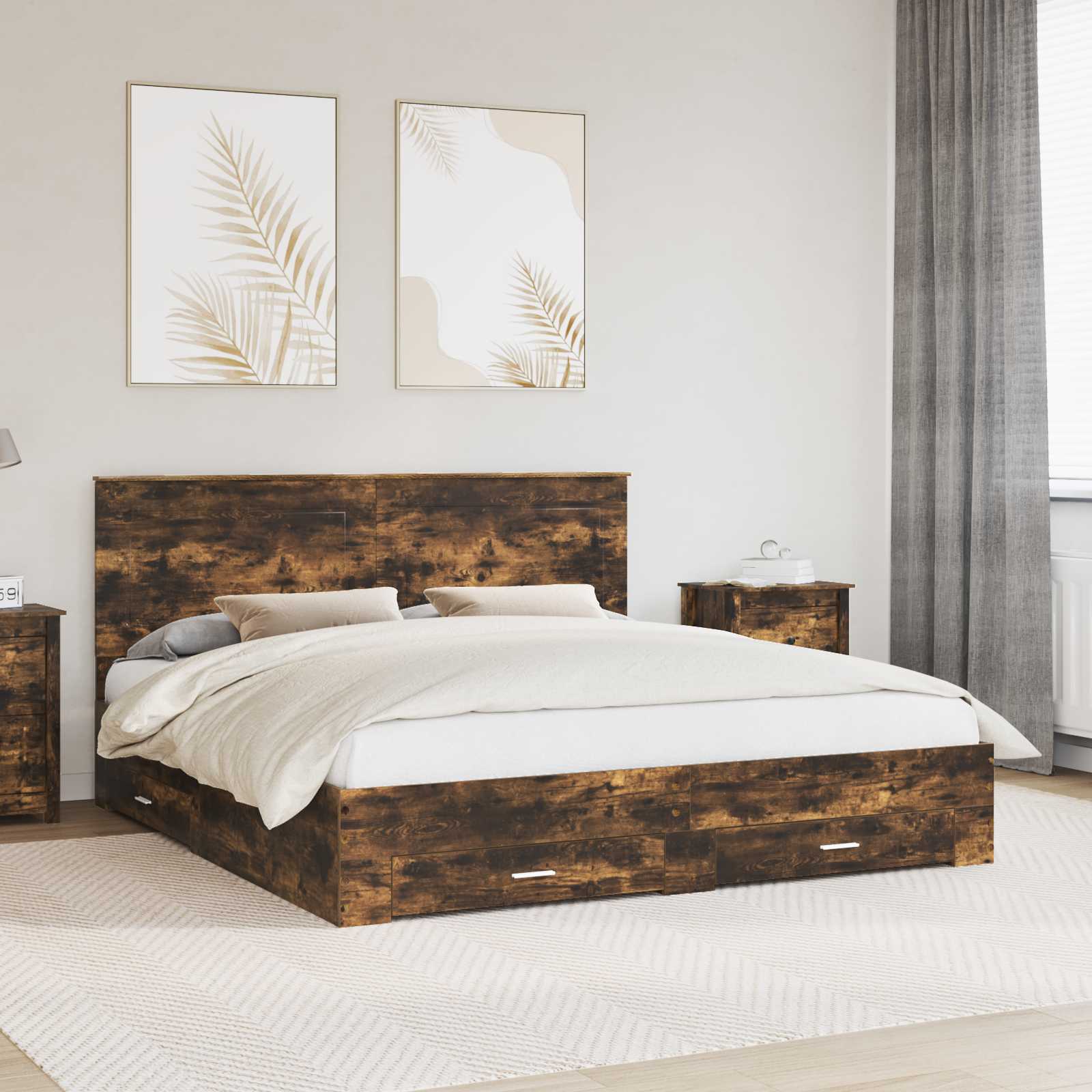 Bedframe met hoofdeinde Gerookt eiken 200 x 200 cm Bewerkt hout is nu te koop bij PeponiXL, paradijselijk wonen!