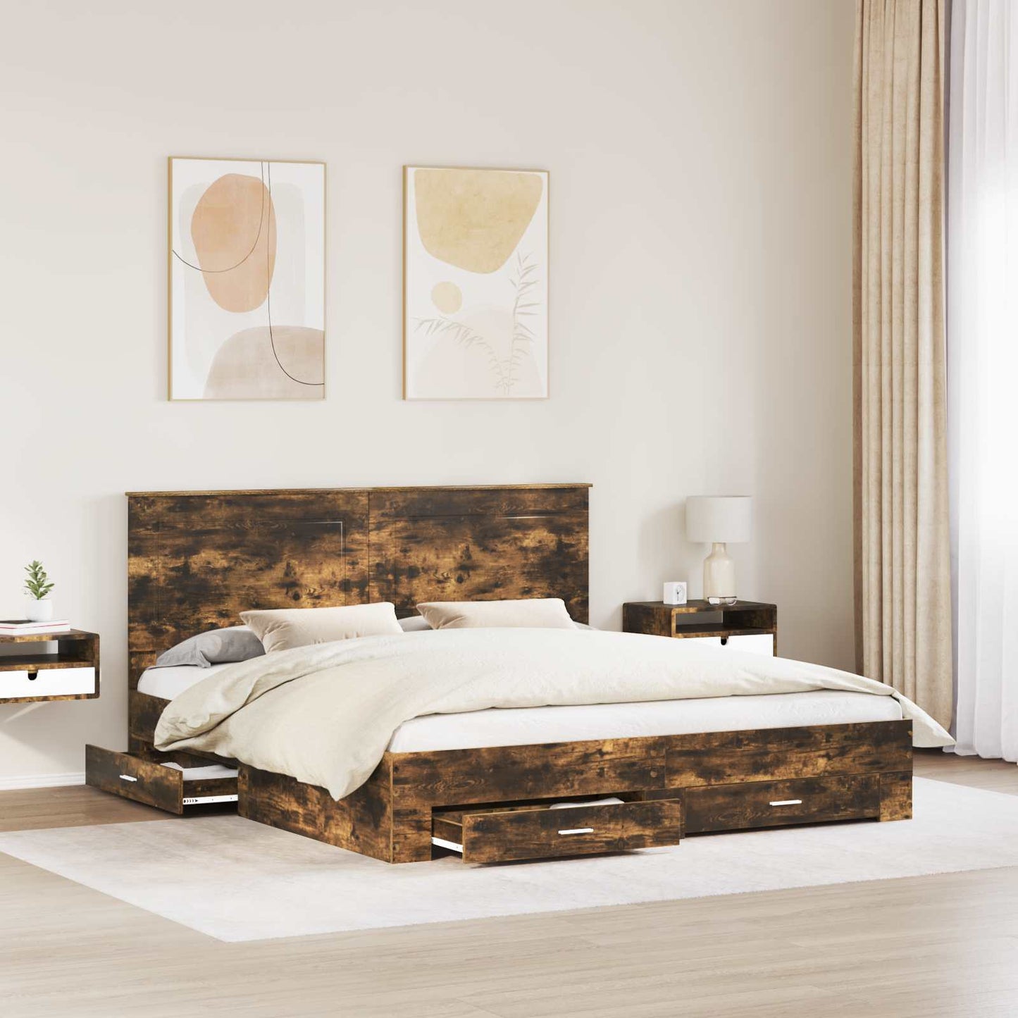 Bedframe met hoofdeinde Gerookt eiken 200 x 200 cm Bewerkt hout is nu te koop bij PeponiXL, paradijselijk wonen!