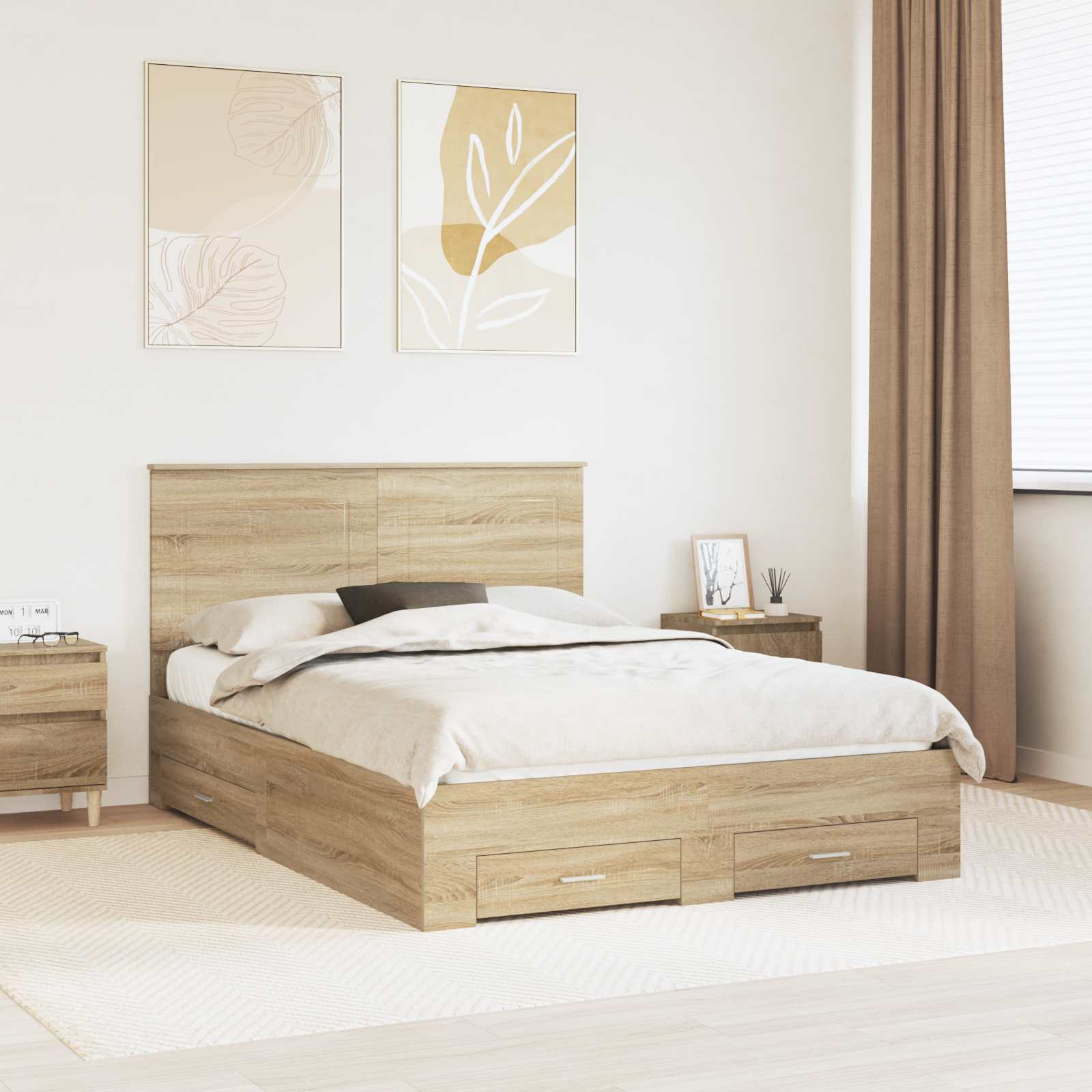 Bedframe met hoofdeinde Sonoma Eiken 150 x 200 cm Bewerkt hout is nu te koop bij PeponiXL, paradijselijk wonen!