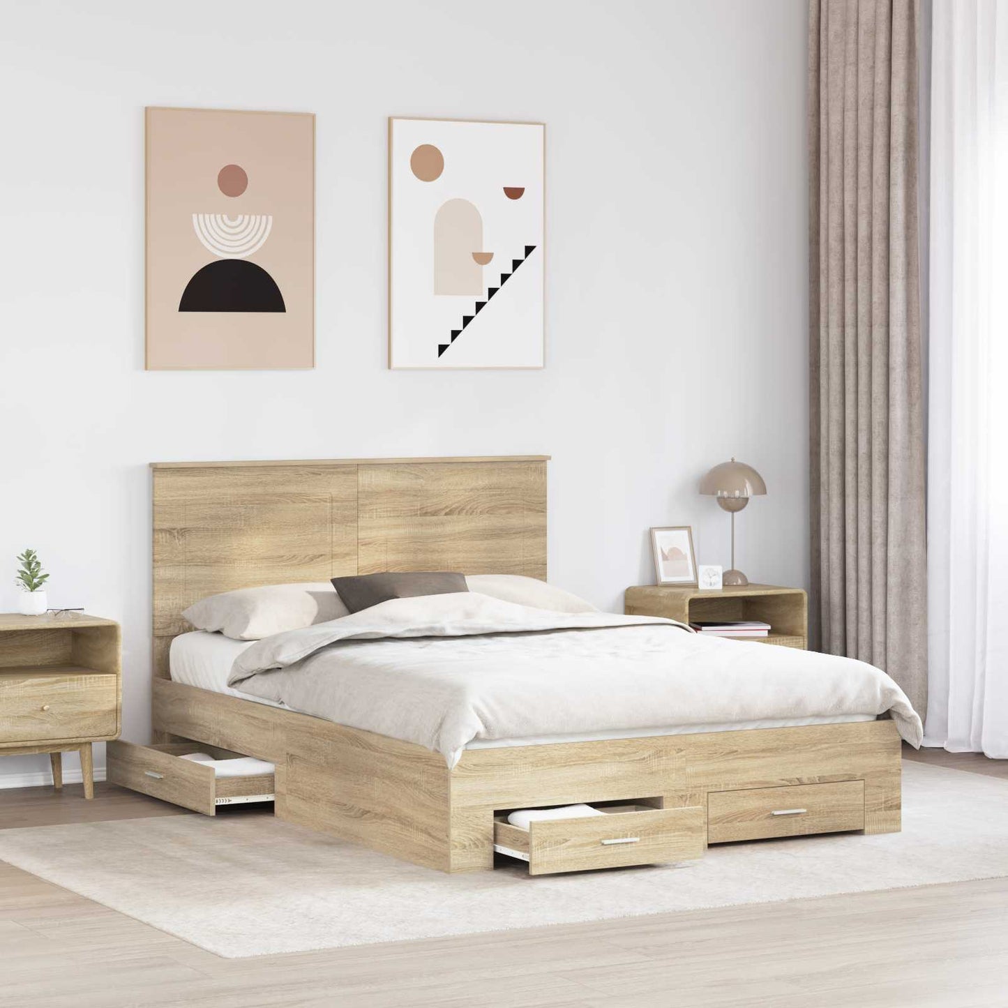 Bedframe met hoofdeinde Sonoma Eiken 140 x 190 cm Bewerkt hout is nu te koop bij PeponiXL, paradijselijk wonen!