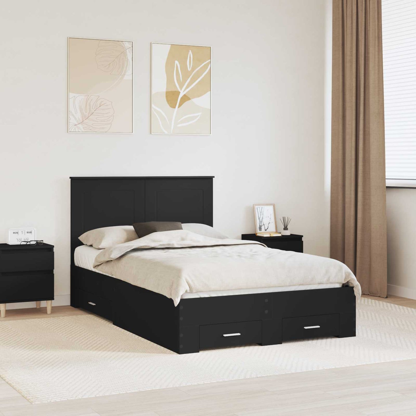 Bedframe met hoofdeinde Zwart 135 x 190 cm Bewerkt hout is nu te koop bij PeponiXL, paradijselijk wonen!