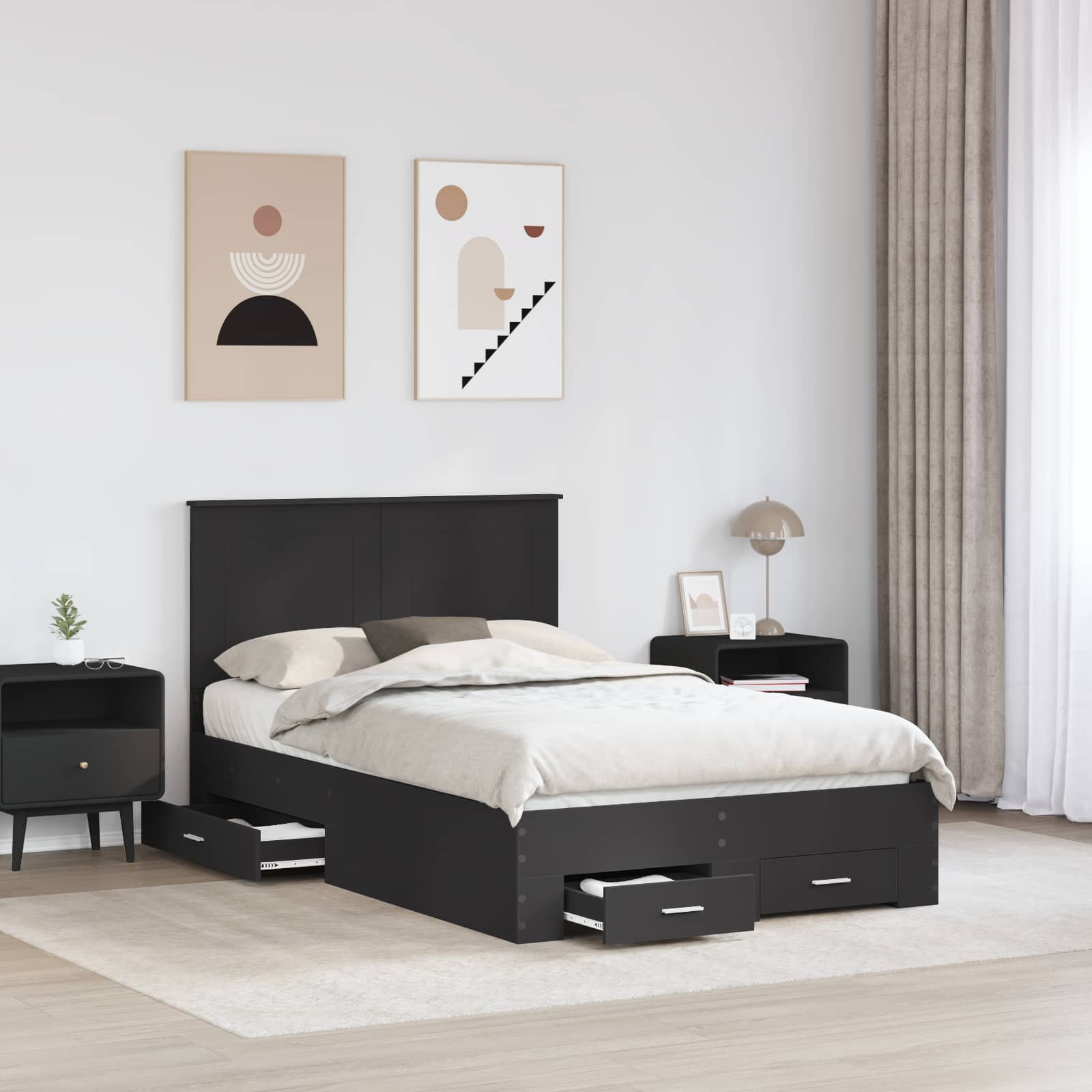 Bedframe met hoofdeinde Zwart 135 x 190 cm Bewerkt hout is nu te koop bij PeponiXL, paradijselijk wonen!