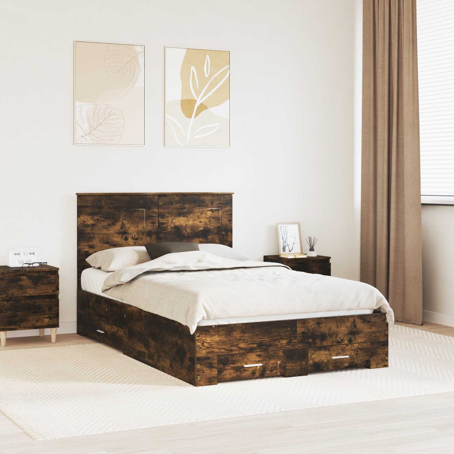 Bedframe met hoofdeinde Gerookt eiken 135 x 190 cm Bewerkt hout is nu te koop bij PeponiXL, paradijselijk wonen!