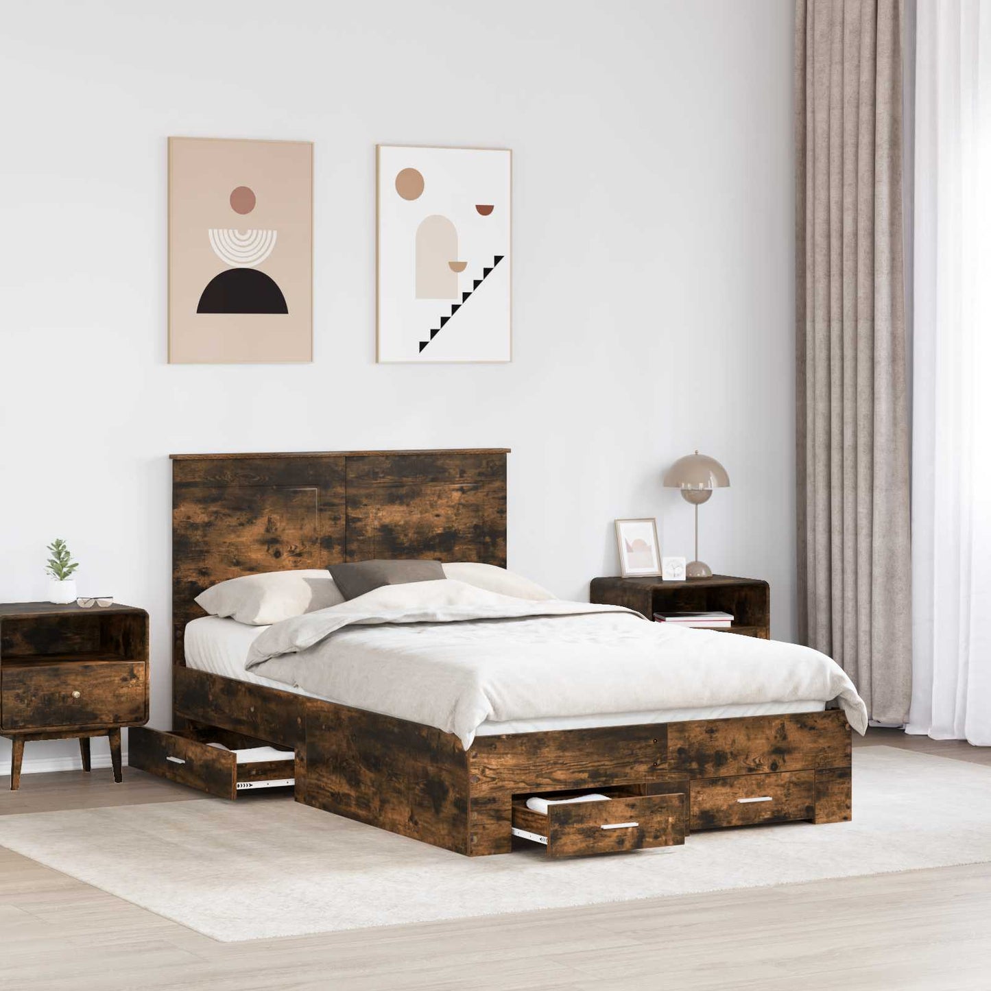 Bedframe met hoofdeinde Gerookt eiken 135 x 190 cm Bewerkt hout is nu te koop bij PeponiXL, paradijselijk wonen!