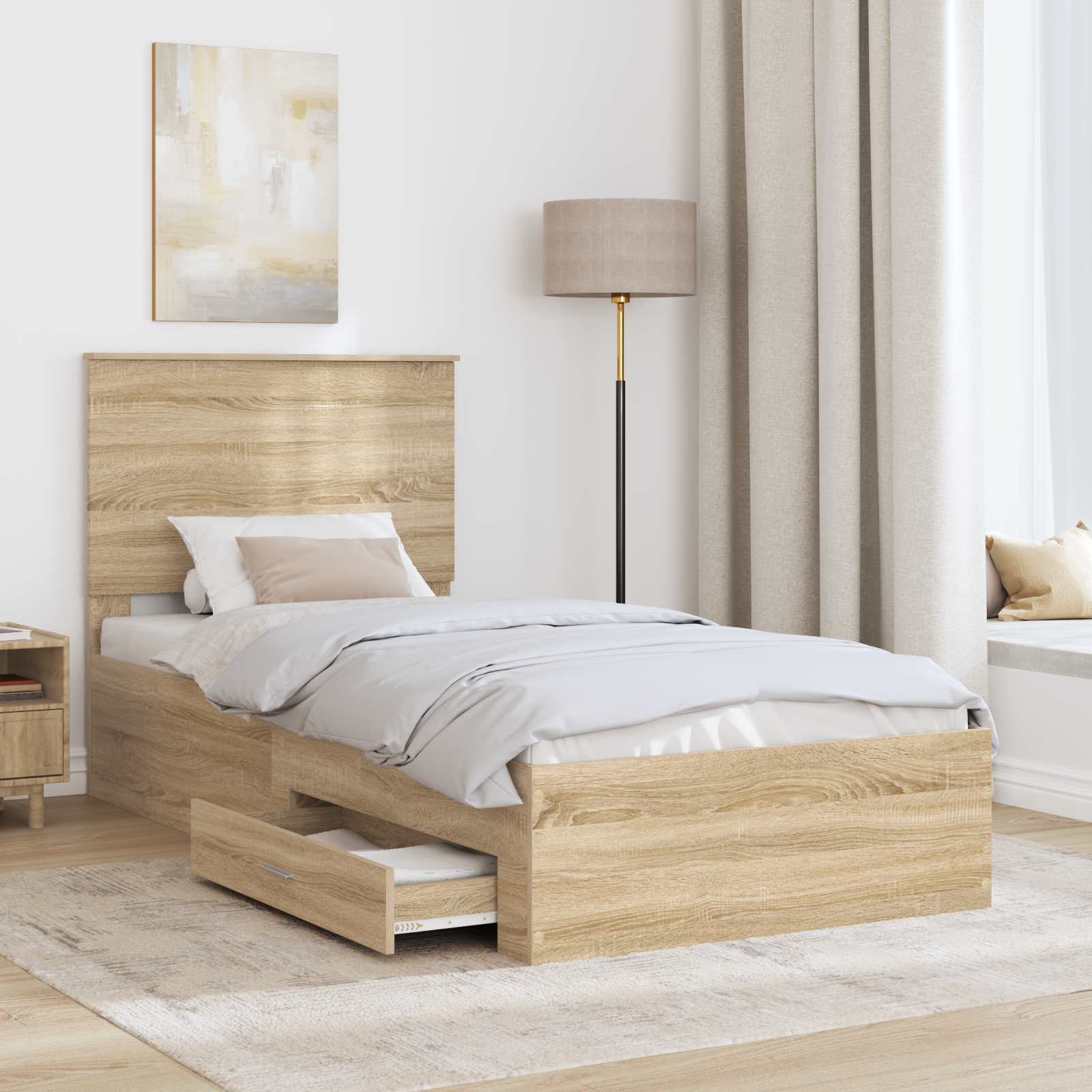 Bedframe met hoofdeinde Sonoma Eiken 90 x 190 cm Bewerkt hout is nu te koop bij PeponiXL, paradijselijk wonen!