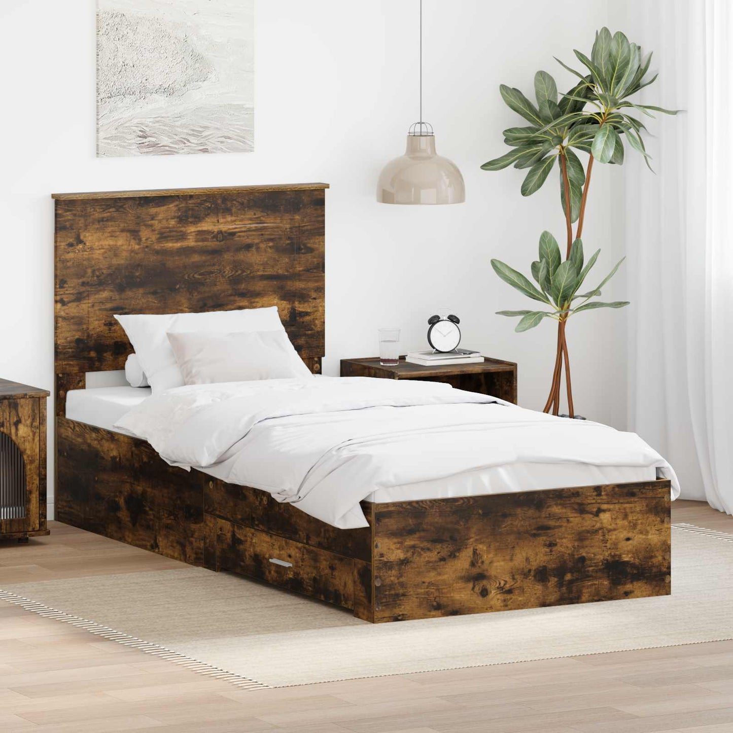Bedframe met hoofdeinde Gerookt eiken 90 x 200 cm Bewerkt hout is nu te koop bij PeponiXL, paradijselijk wonen!