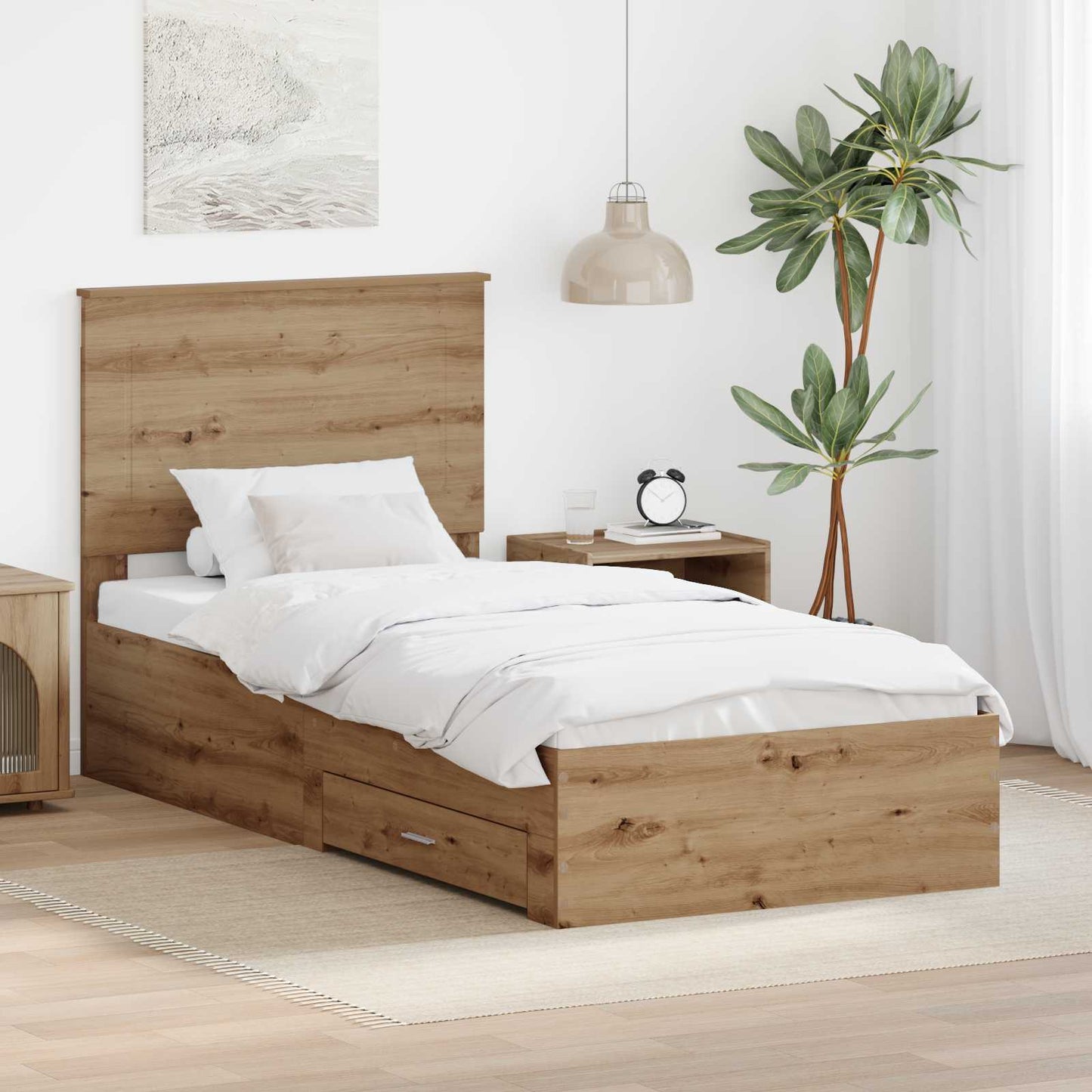 Bedframe met hoofdeinde Artisan Eiken 90 x 200 cm Bewerkt hout is nu te koop bij PeponiXL, paradijselijk wonen!
