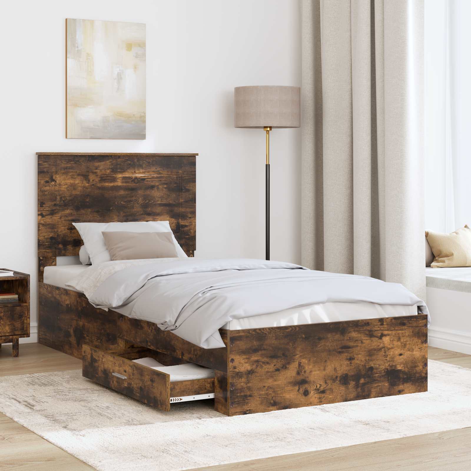 Bedframe Gerookt Eiken en Zilver 75 x 190 cm Bewerkt hout is nu te koop bij PeponiXL, paradijselijk wonen!