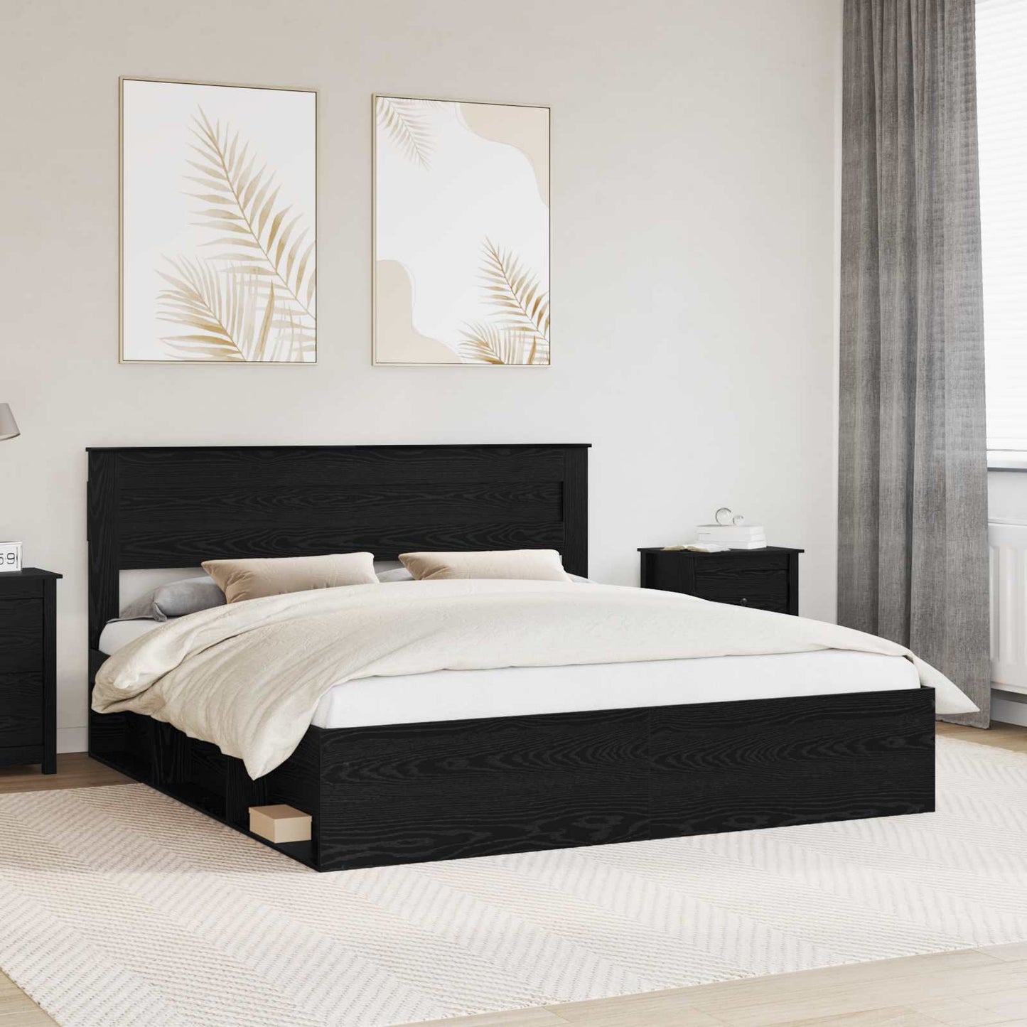 Bedframe met hoofdeinde Zwart 200 x 200 cm Massief grenenhout is nu te koop bij PeponiXL, paradijselijk wonen!