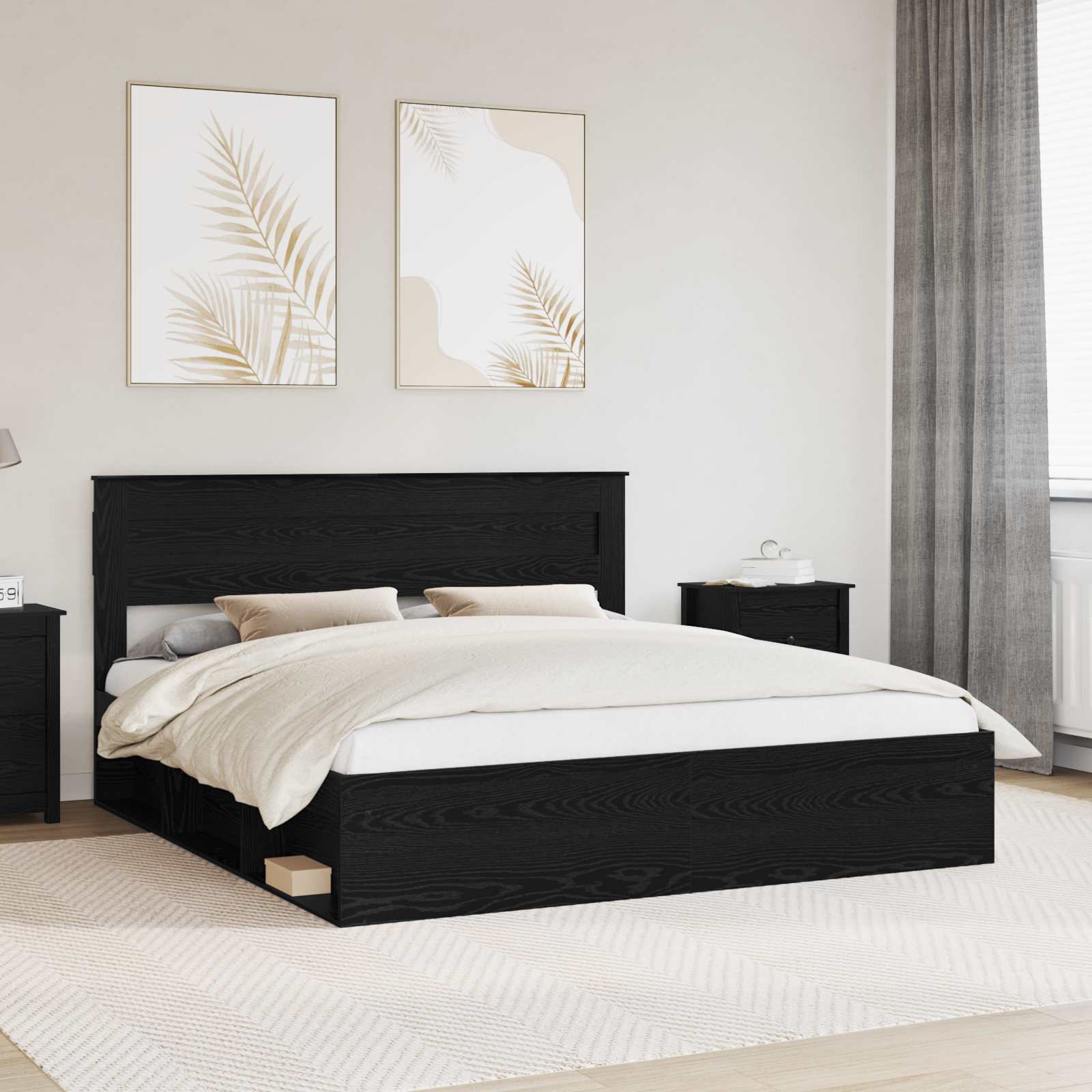 Bedframe met hoofdeinde Zwart 200 x 200 cm Massief grenenhout is nu te koop bij PeponiXL, paradijselijk wonen!