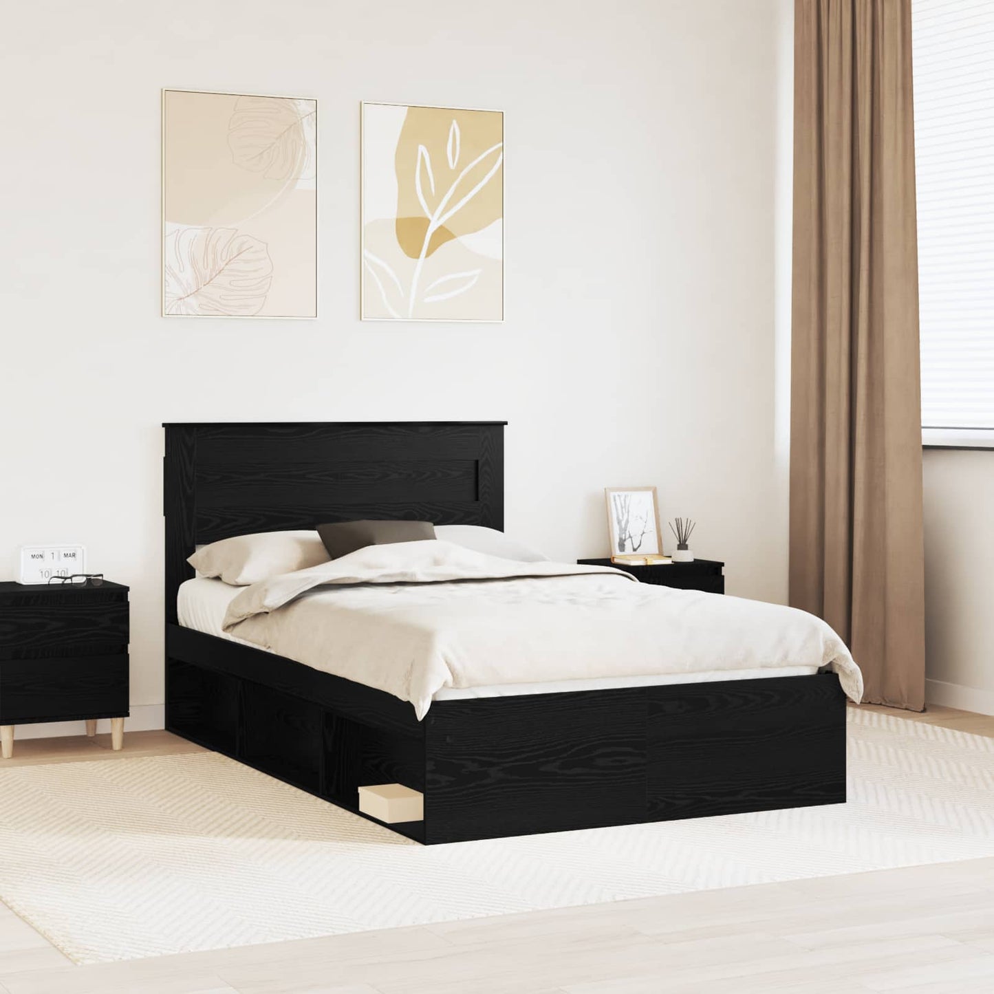 Bedframe met hoofdeinde Zwart 135 x 190 cm Massief grenenhout is nu te koop bij PeponiXL, paradijselijk wonen!