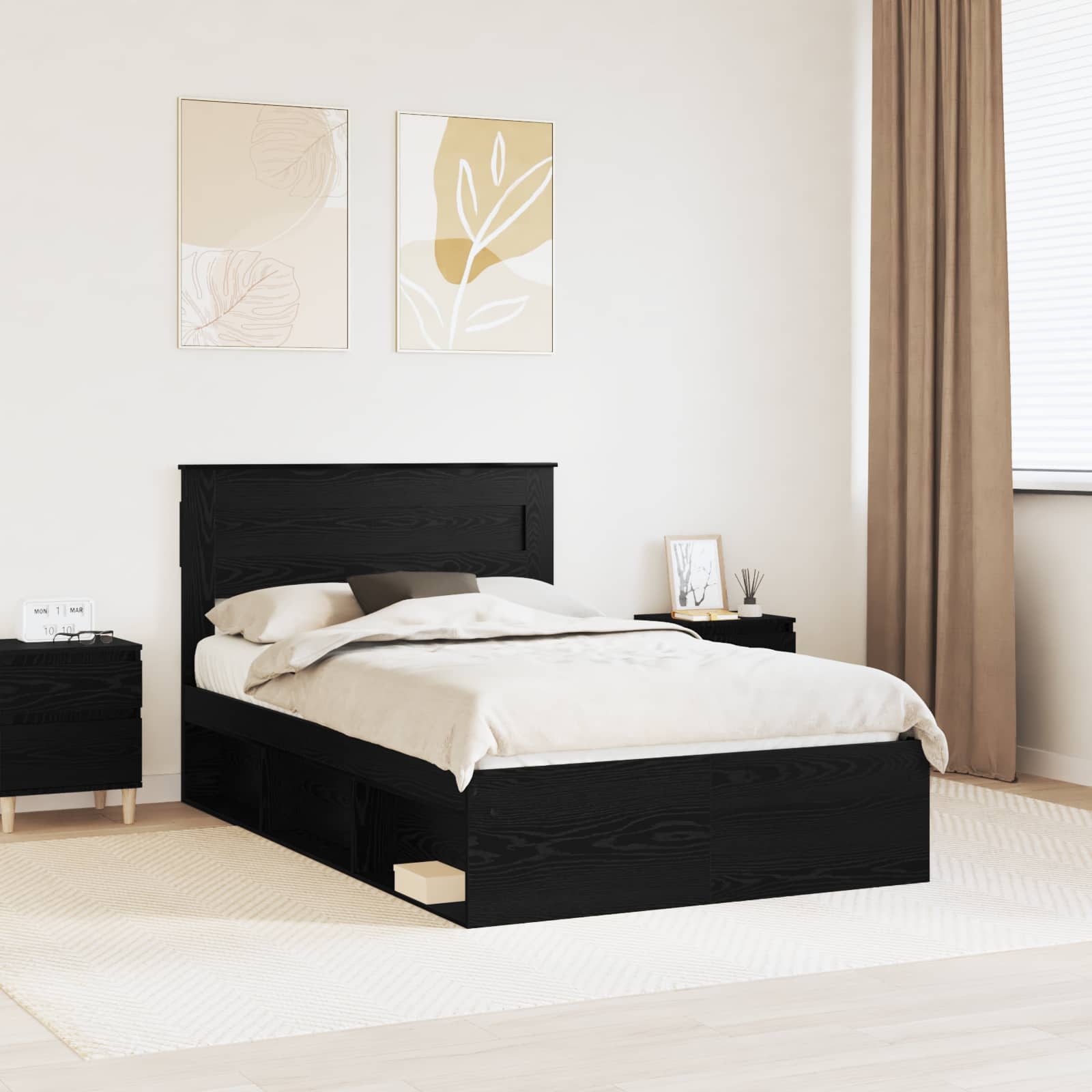 Bedframe met hoofdeinde Zwart 135 x 190 cm Massief grenenhout is nu te koop bij PeponiXL, paradijselijk wonen!