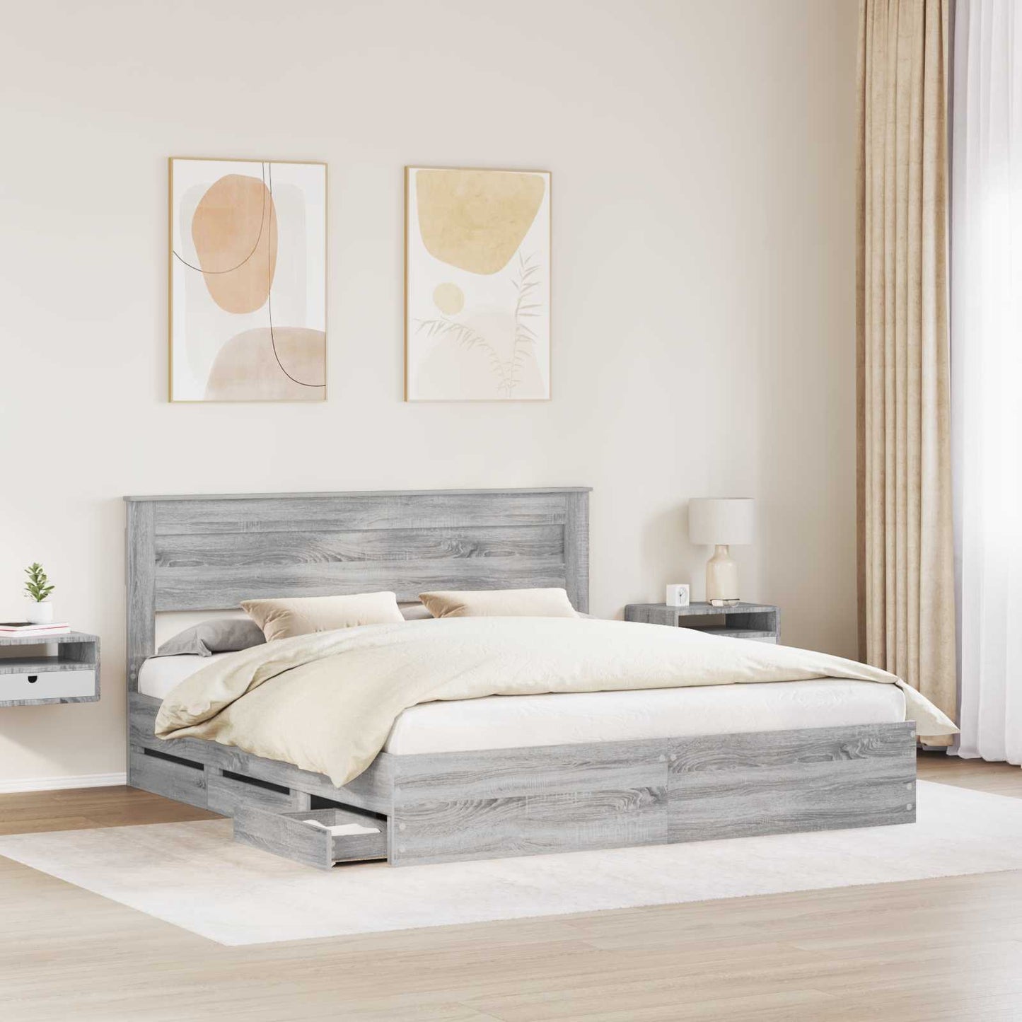 Bedframe met lade Grijs Sonoma 200 x 200 cm Ingenieurshout is nu te koop bij PeponiXL, paradijselijk wonen!