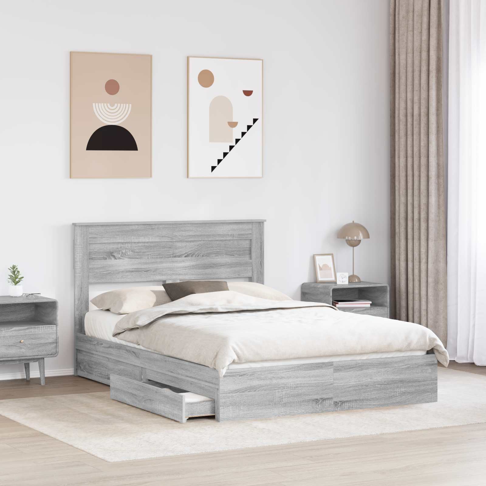 Opslag bed met lade Grijs Sonoma 150 x 200 cm Bewerkt hout is nu te koop bij PeponiXL, paradijselijk wonen!
