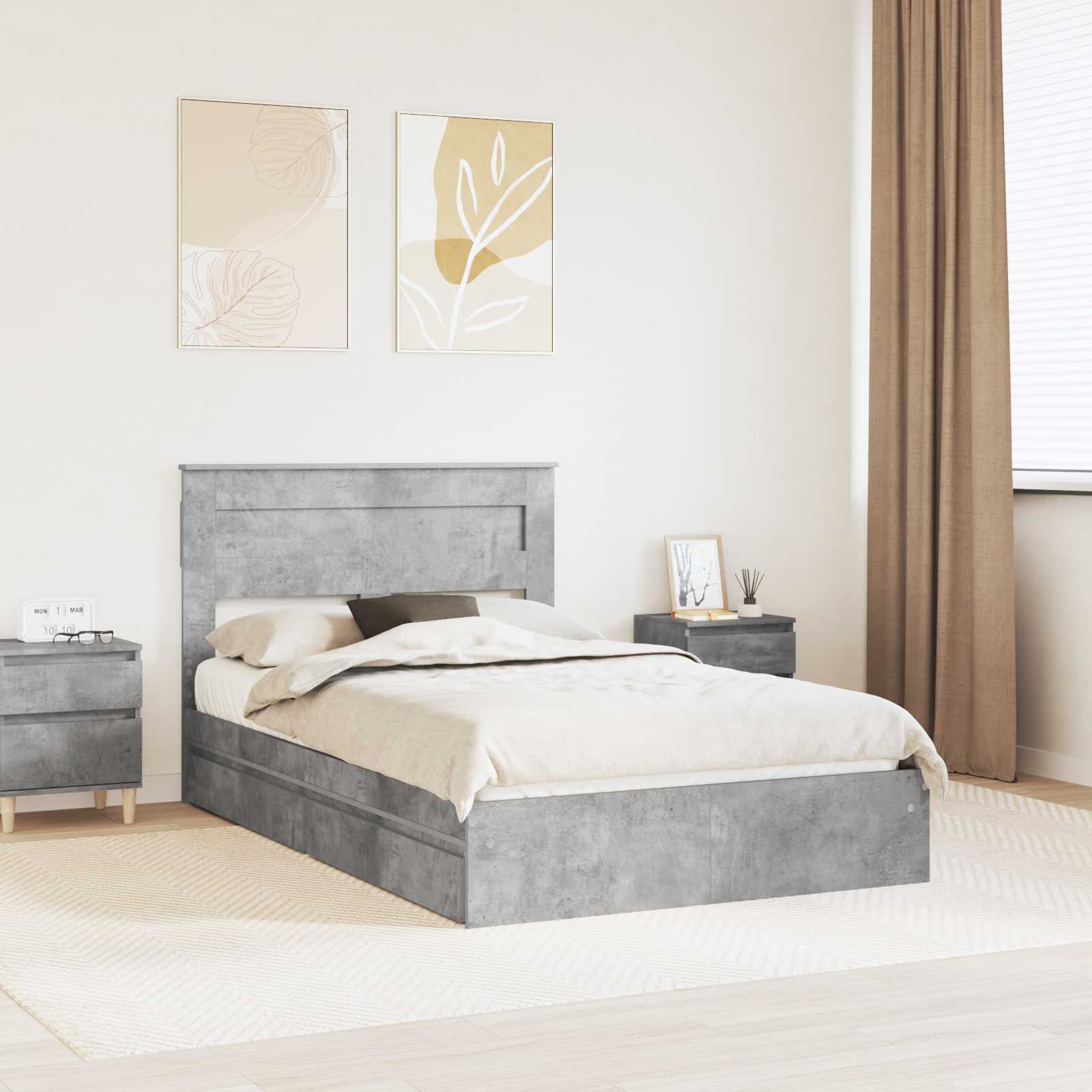 Opslag bed met hoofdeinde Beton Grijs 135 x 190 cm Bewerkt hout is nu te koop bij PeponiXL, paradijselijk wonen!
