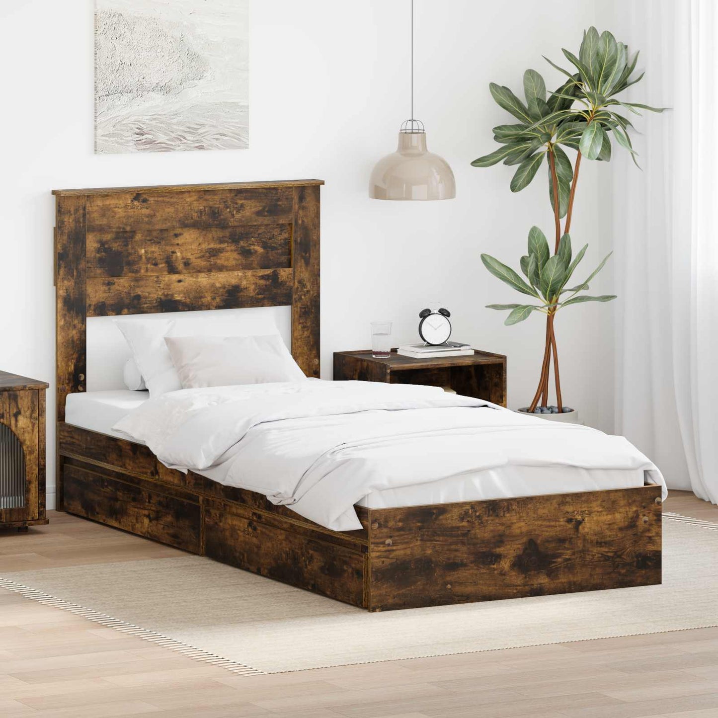 Opslag bed met lade Gerookt eiken 90 x 190 cm Bewerkt hout is nu te koop bij PeponiXL, paradijselijk wonen!