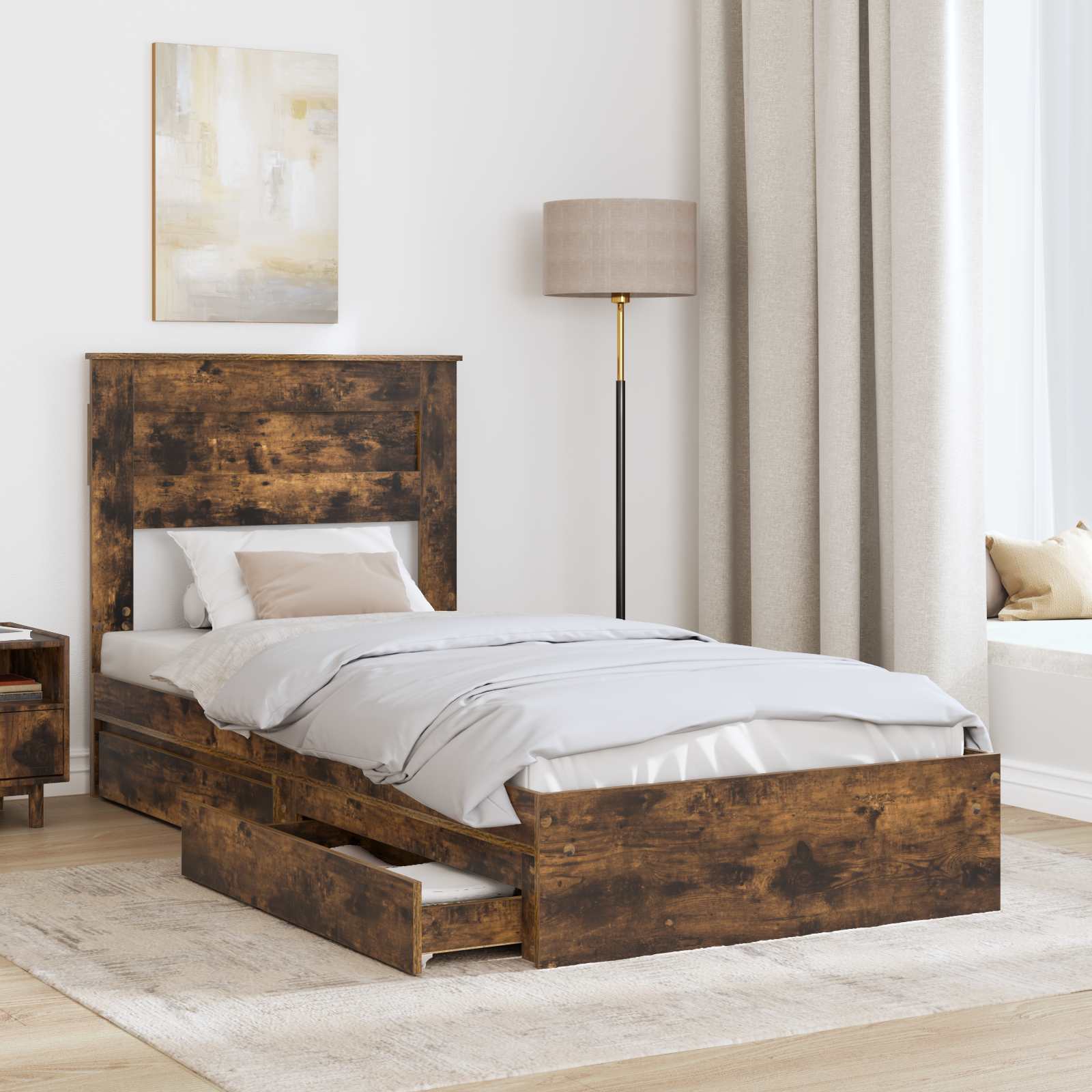 Opslag bed met lade Gerookt eiken 90 x 190 cm Bewerkt hout is nu te koop bij PeponiXL, paradijselijk wonen!