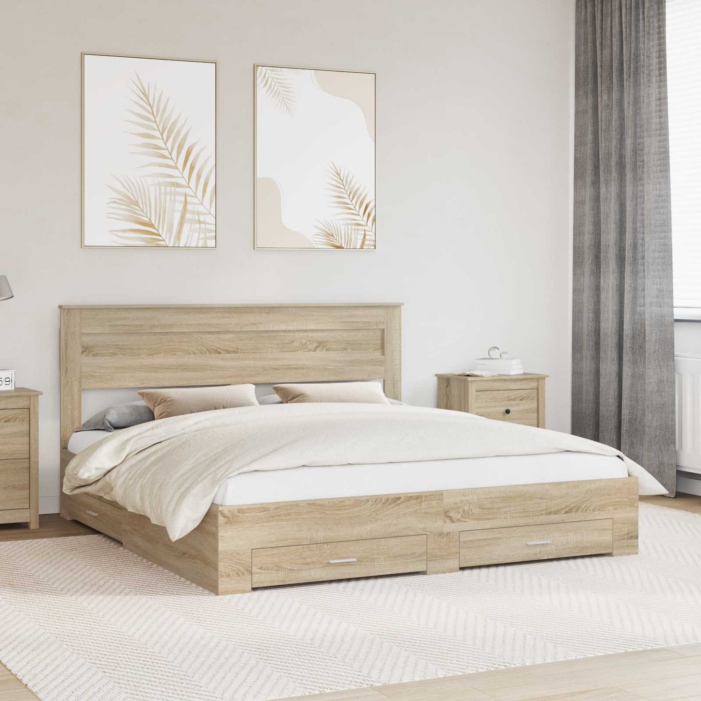 Bedframe met hoofdeinde Sonoma Eiken 200 x 200 cm Bewerkt hout is nu te koop bij PeponiXL, paradijselijk wonen!