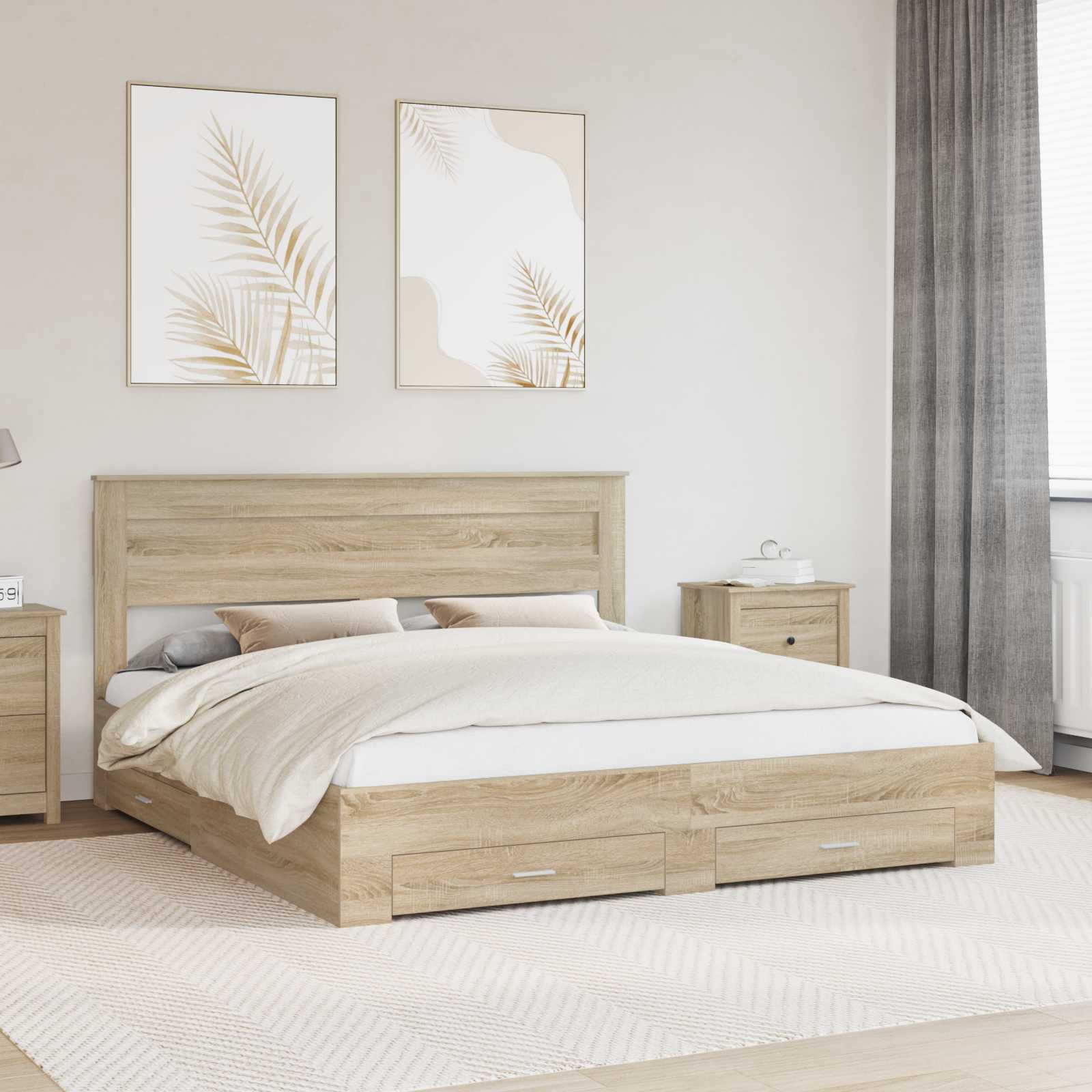 Bedframe met hoofdeinde Sonoma Eiken 200 x 200 cm Bewerkt hout is nu te koop bij PeponiXL, paradijselijk wonen!