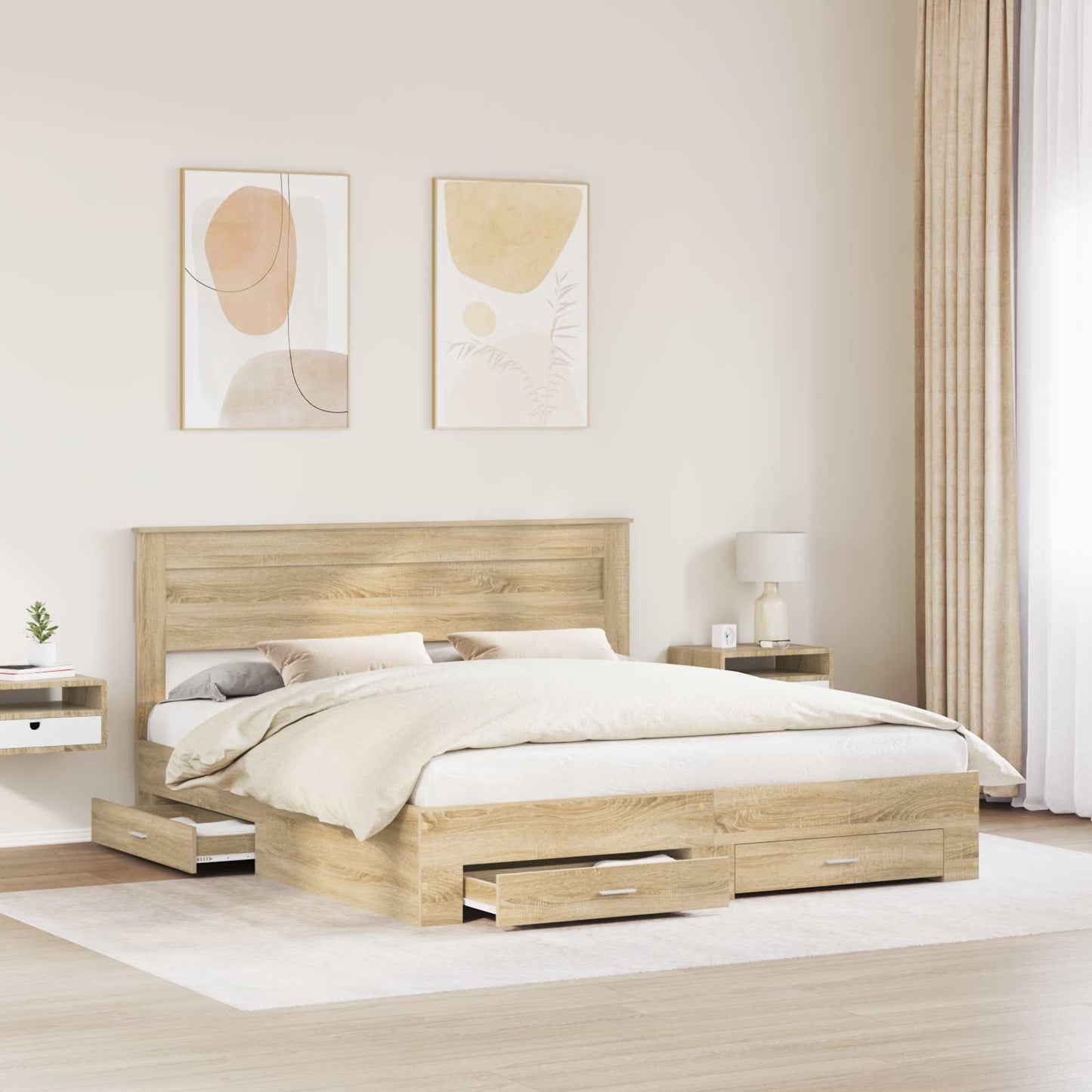 Bedframe met hoofdeinde Sonoma Eiken 200 x 200 cm Bewerkt hout is nu te koop bij PeponiXL, paradijselijk wonen!
